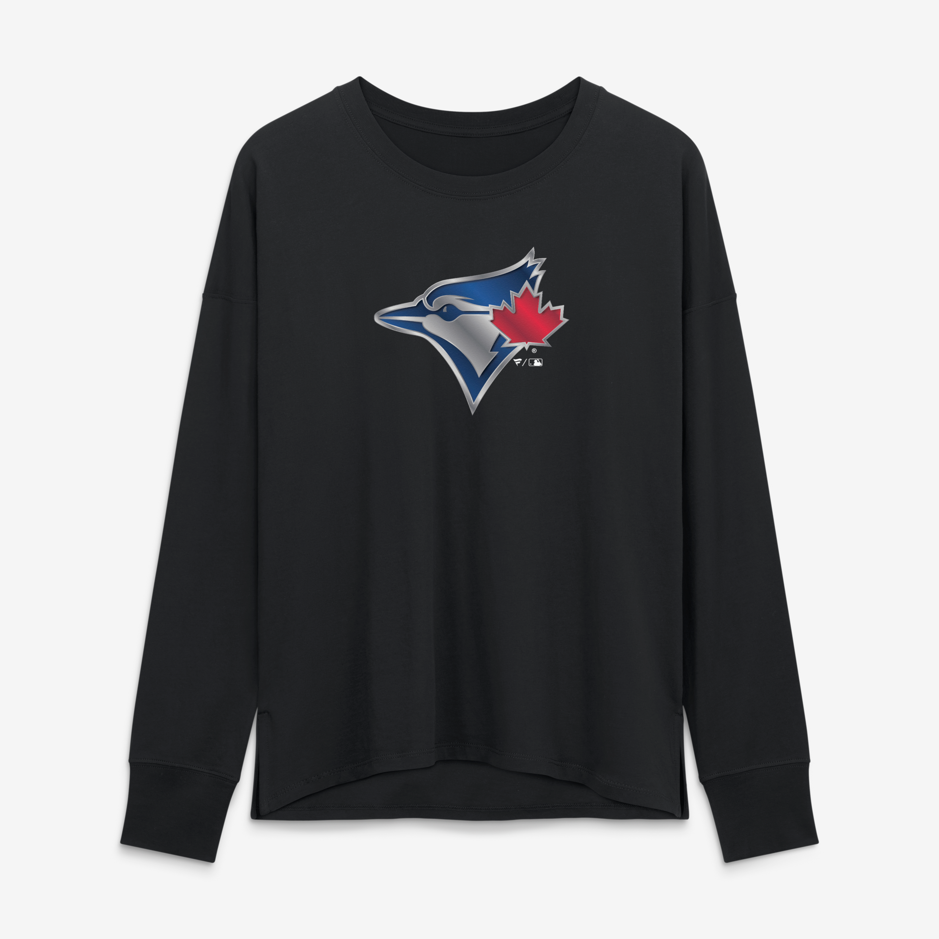 T-shirt à manches longues noir pour femmes avec mascotte métallique des Blue Jays de Toronto