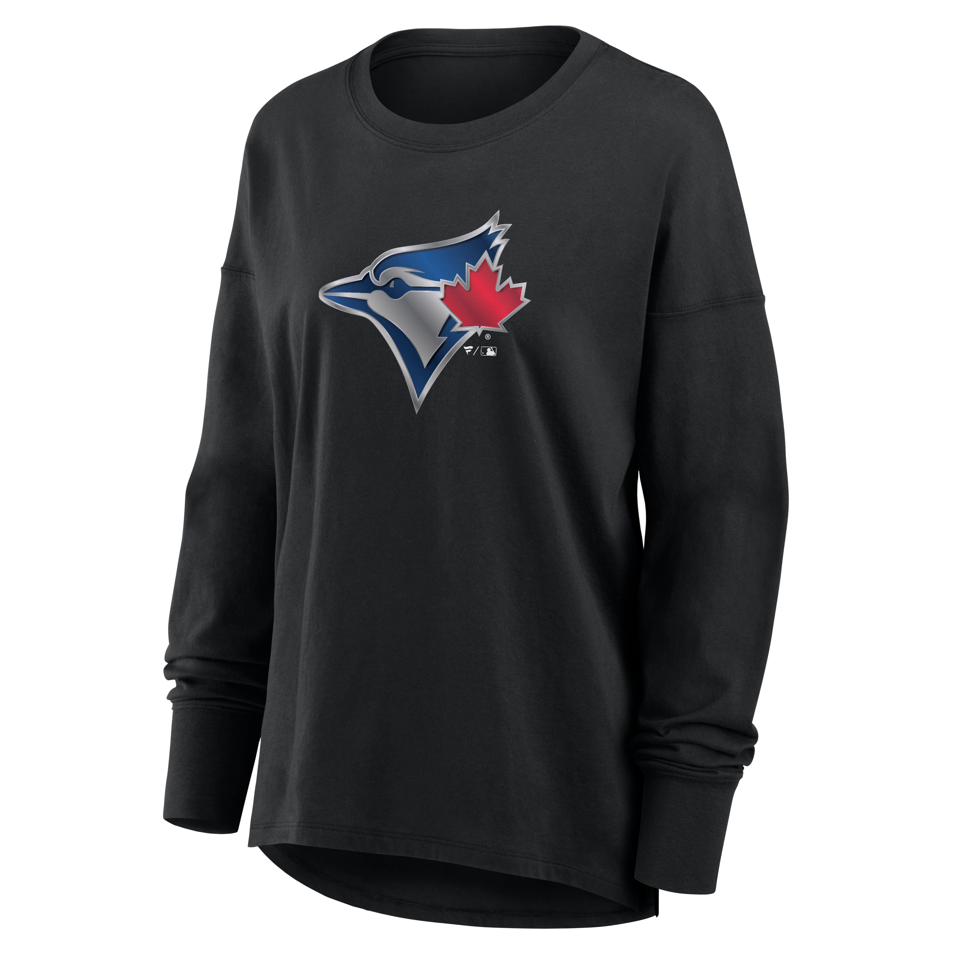 T-shirt à manches longues noir pour femmes avec mascotte métallique des Blue Jays de Toronto