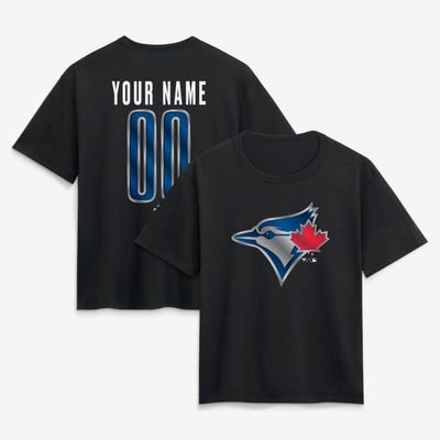 Toronto Blue Jays Women's Metallic Mascot Personalized Name & Number T-Shirt - Black