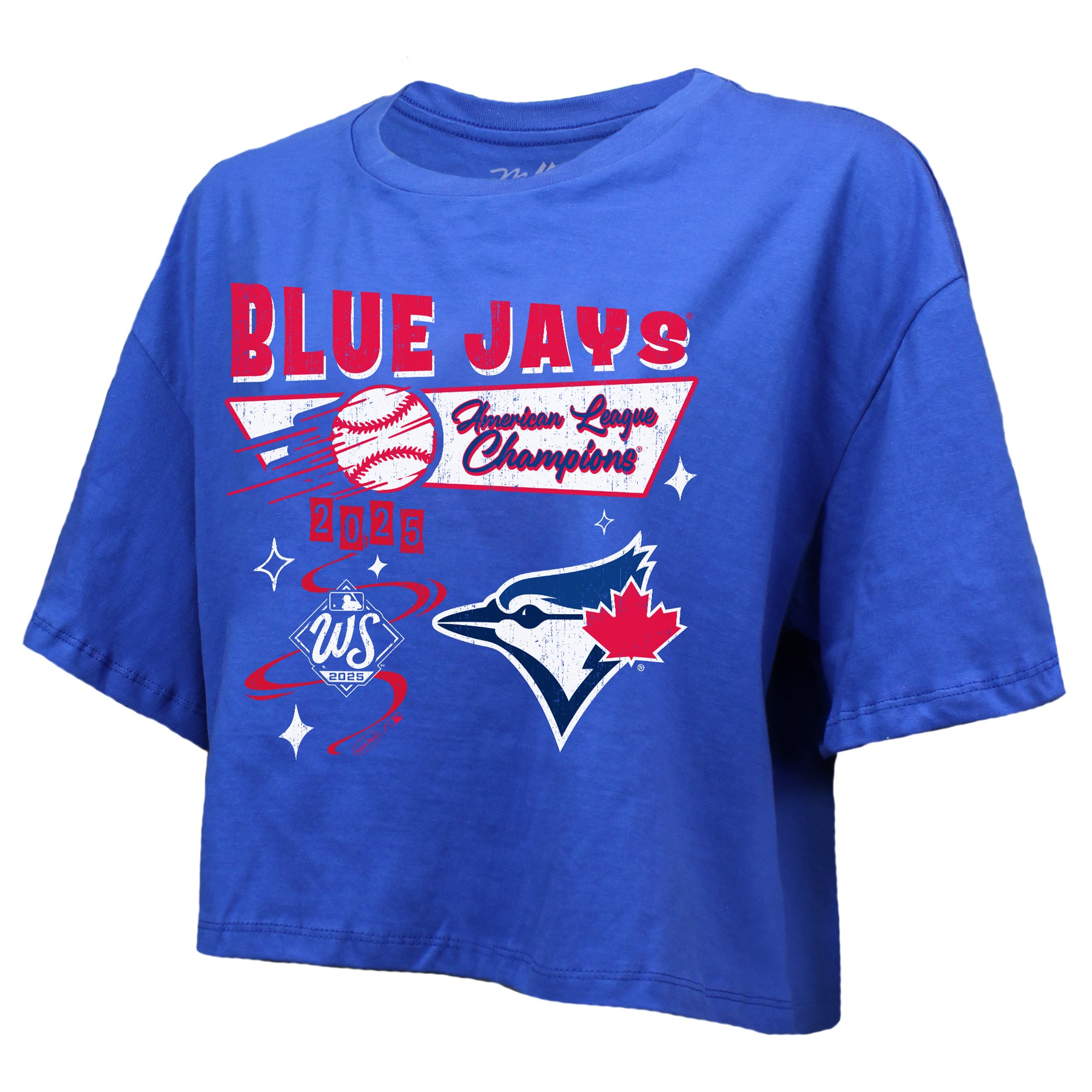 Women's Majestic Threads Royal Toronto Blue Jays 2025 American League Champions Take Us Out Boxy Crop T-Shirt