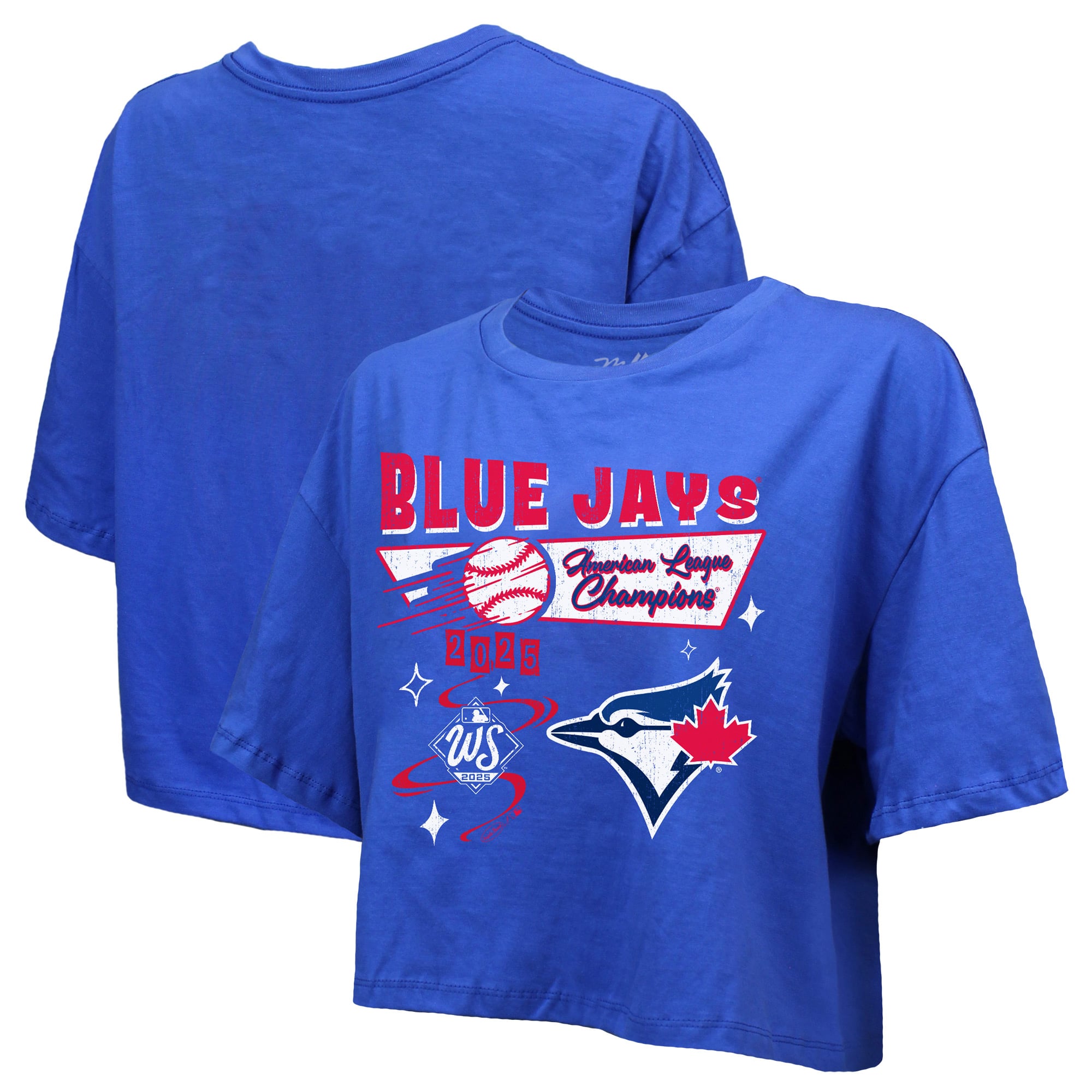 Women's Majestic Threads Royal Toronto Blue Jays 2025 American League Champions Take Us Out Boxy Crop T-Shirt