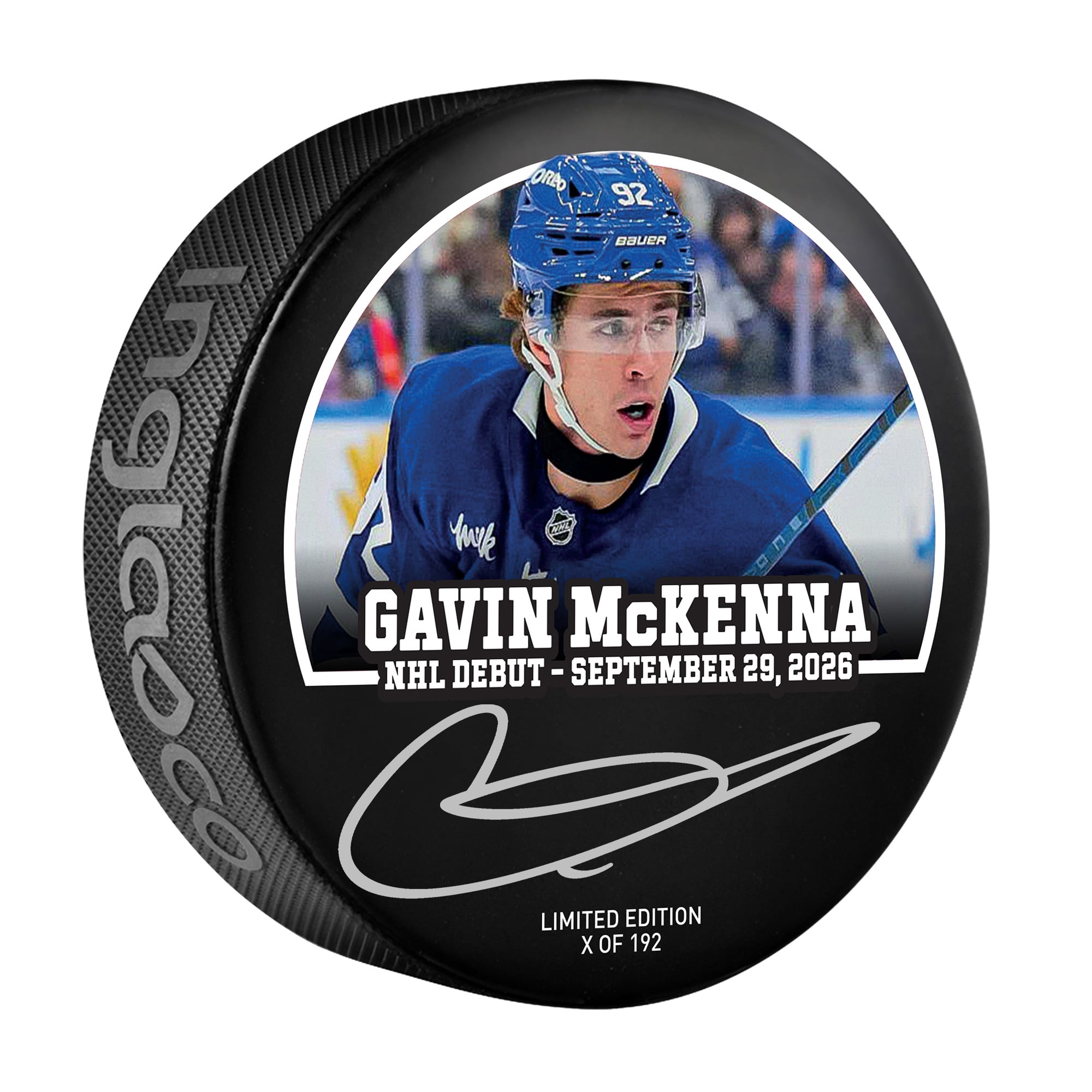 Rondelle de hockey autographiée par Gavin McKenna des Maple Leafs de Toronto (débuts en LNH) - Édition limitée à 192 exemplaires