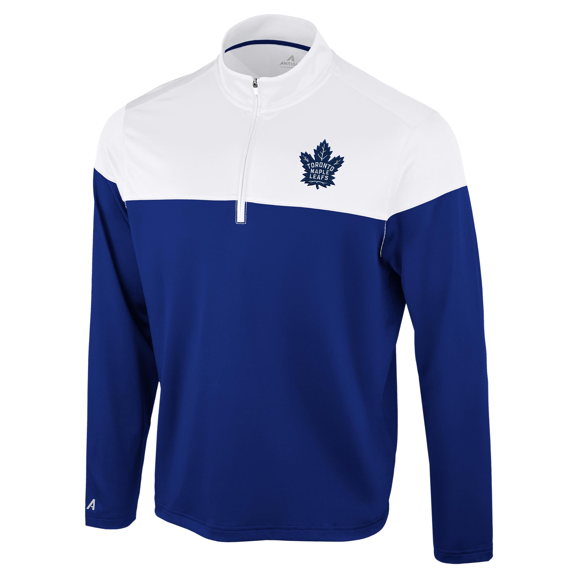 Pull à col zippé Antigua bleu et blanc pour homme, modèle Hinder des Maple Leafs de Toronto.
