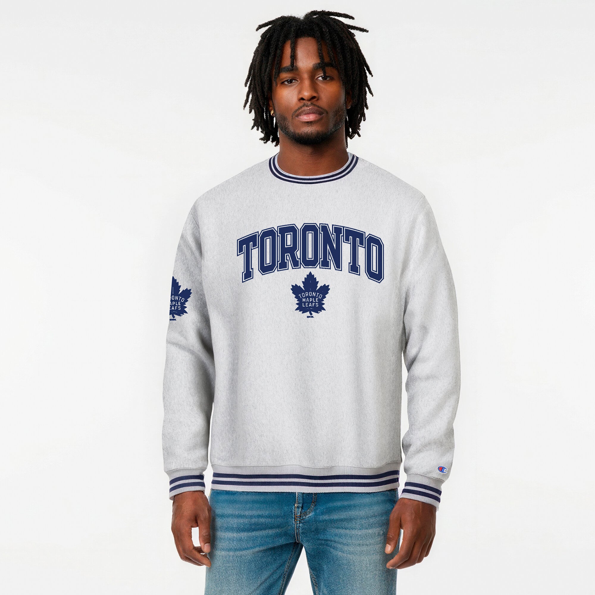 Men's Champion  Heather Gray/Blue Toronto Maple Leafs Reverse Weave Yarn Dye Sweatshirt