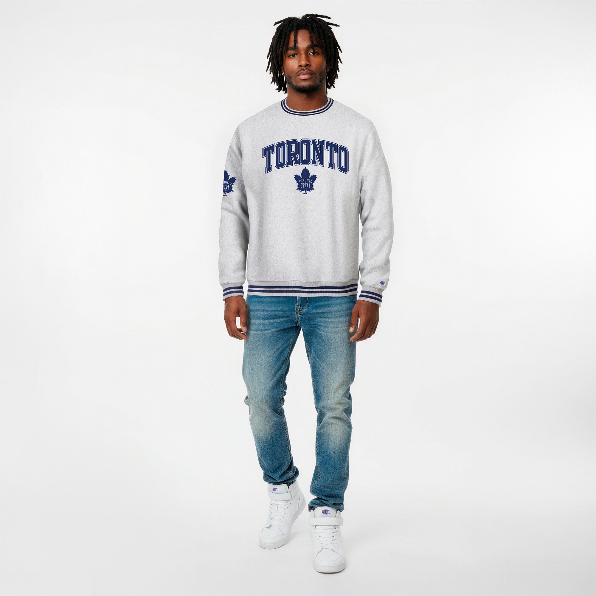 Men's Champion  Heather Gray/Blue Toronto Maple Leafs Reverse Weave Yarn Dye Sweatshirt