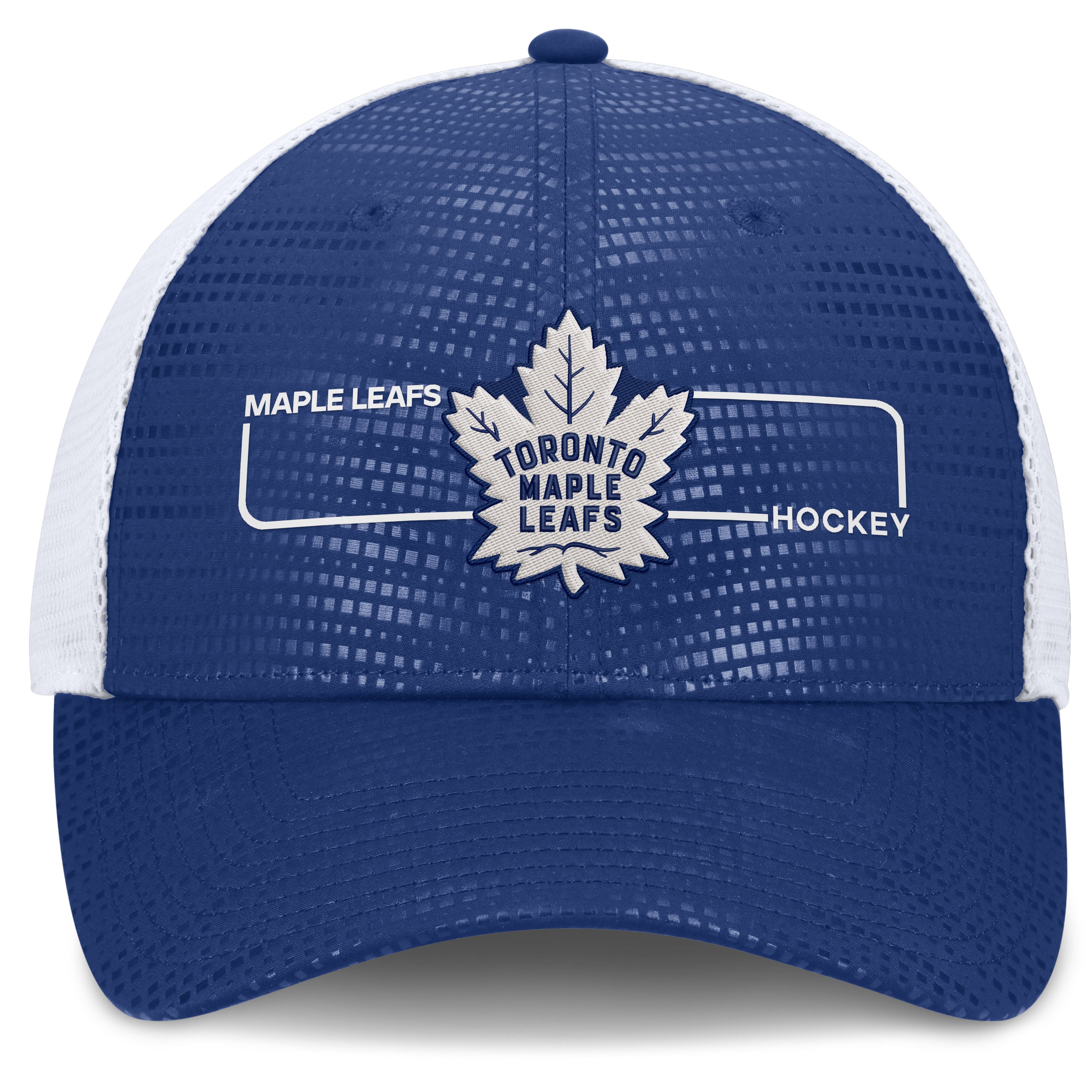 Men's Fanatics Blue/White Toronto Maple Leafs Authentic Pro Rink Boxed Logo Trucker Hat