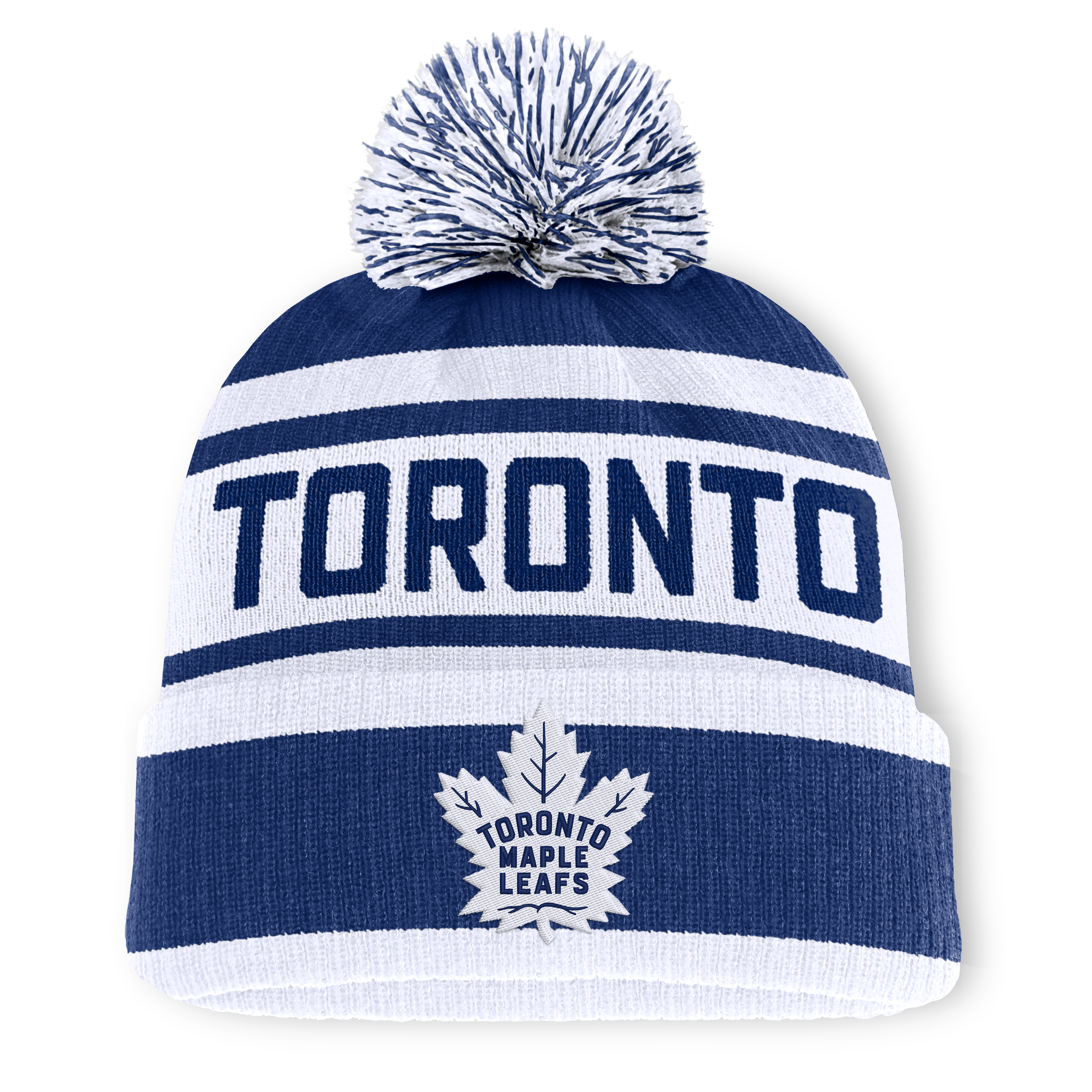 Bonnet tricoté à revers bleu et blanc Toronto Maple Leafs Fundamental pour homme, avec pompon, de la marque Fanatics.