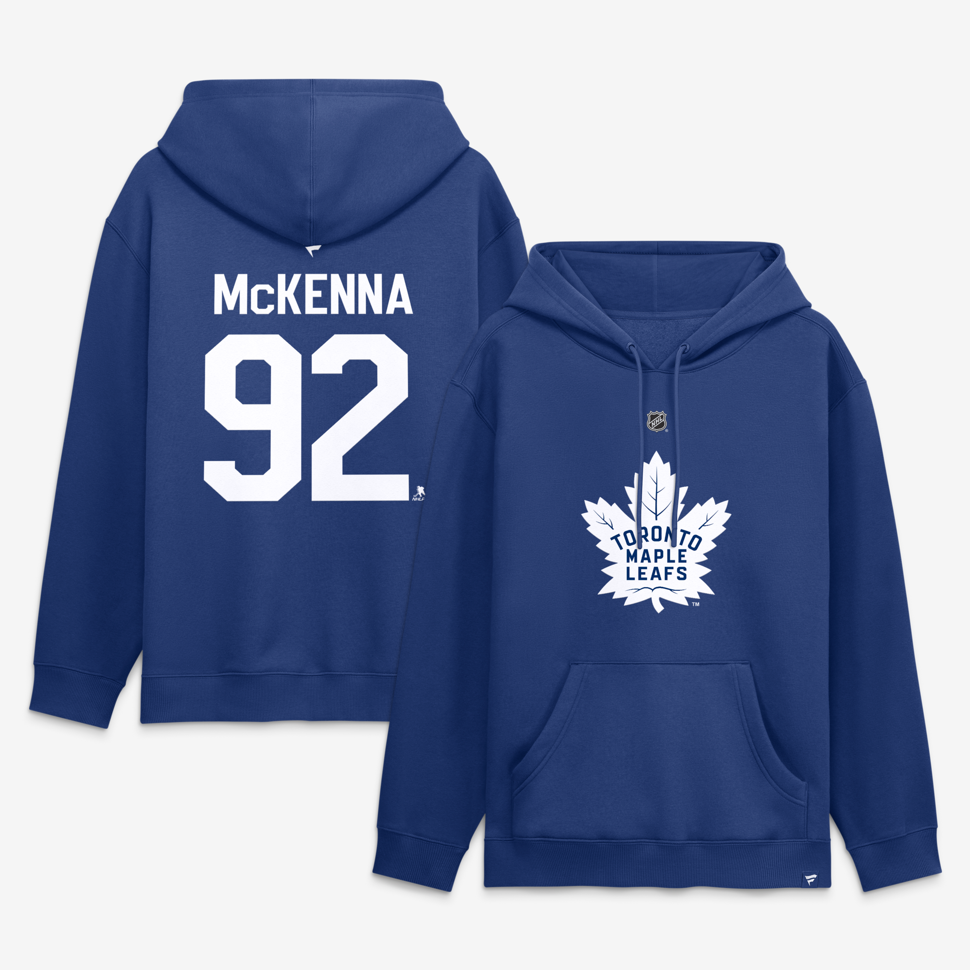 Sweat à capuche authentique Fanatics Gavin McKenna bleu des Maple Leafs de Toronto avec nom et numéro.