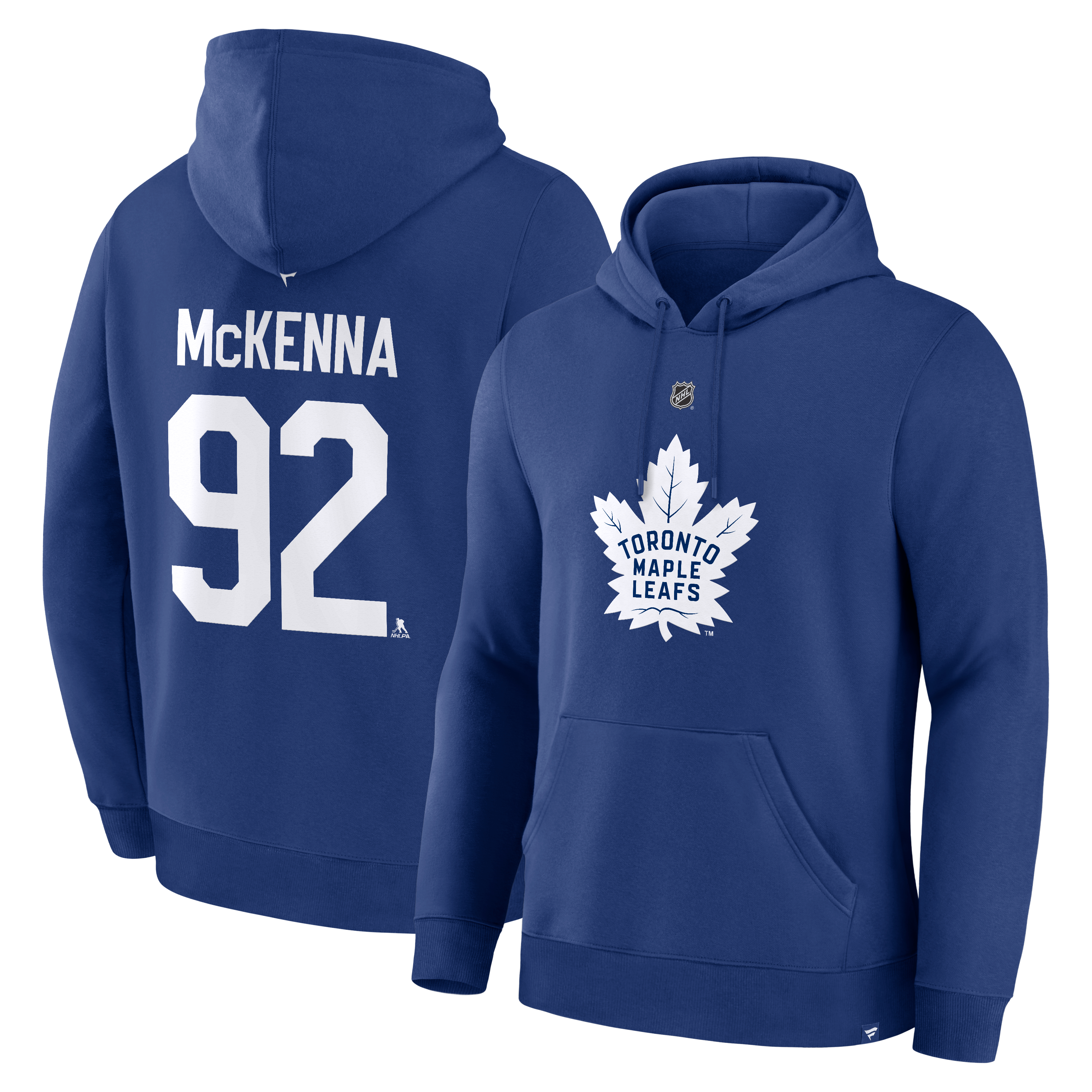 Sweat à capuche authentique Fanatics Gavin McKenna bleu des Maple Leafs de Toronto avec nom et numéro.