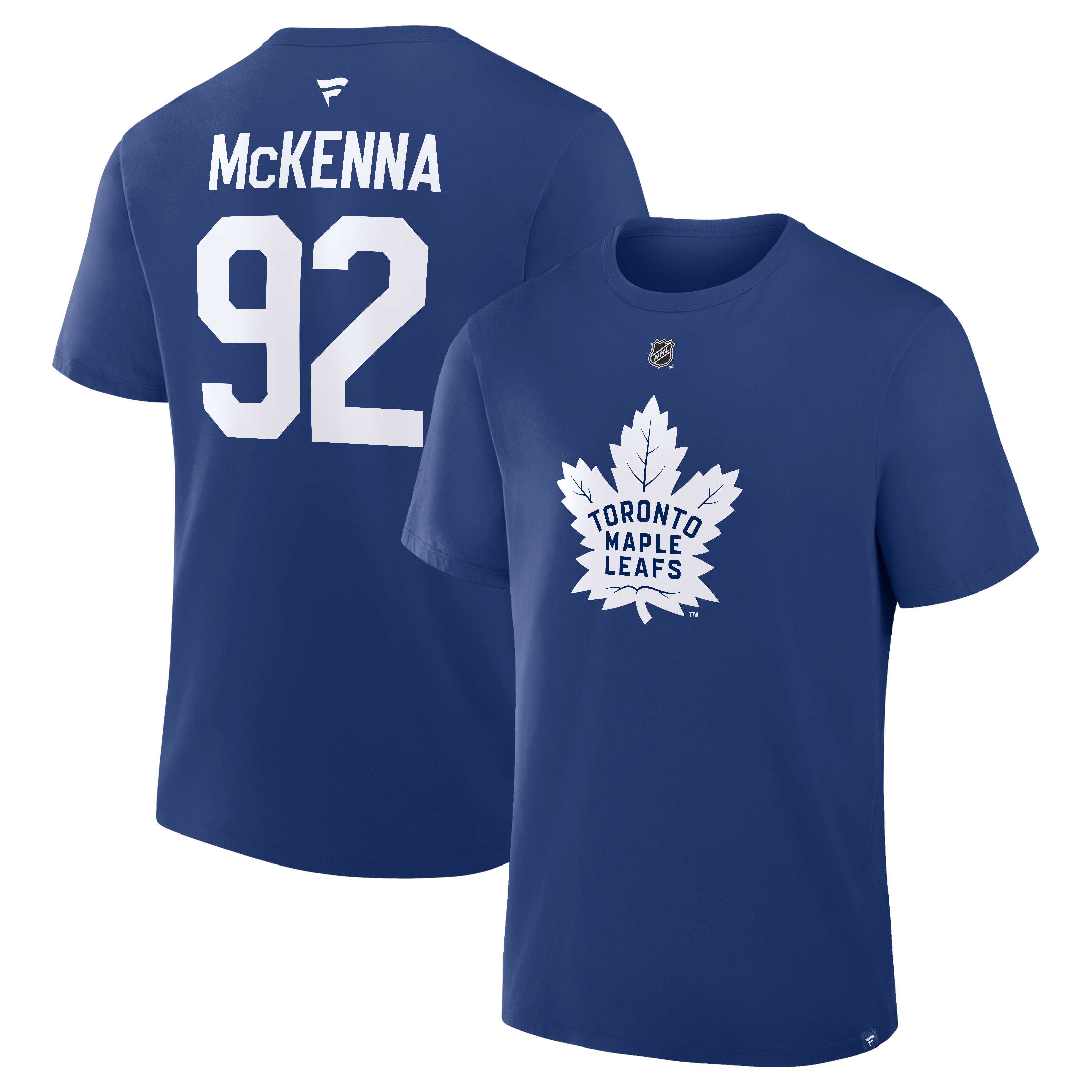 T-shirt authentique Fanatics Gavin McKenna bleu des Maple Leafs de Toronto avec nom et numéro superposés