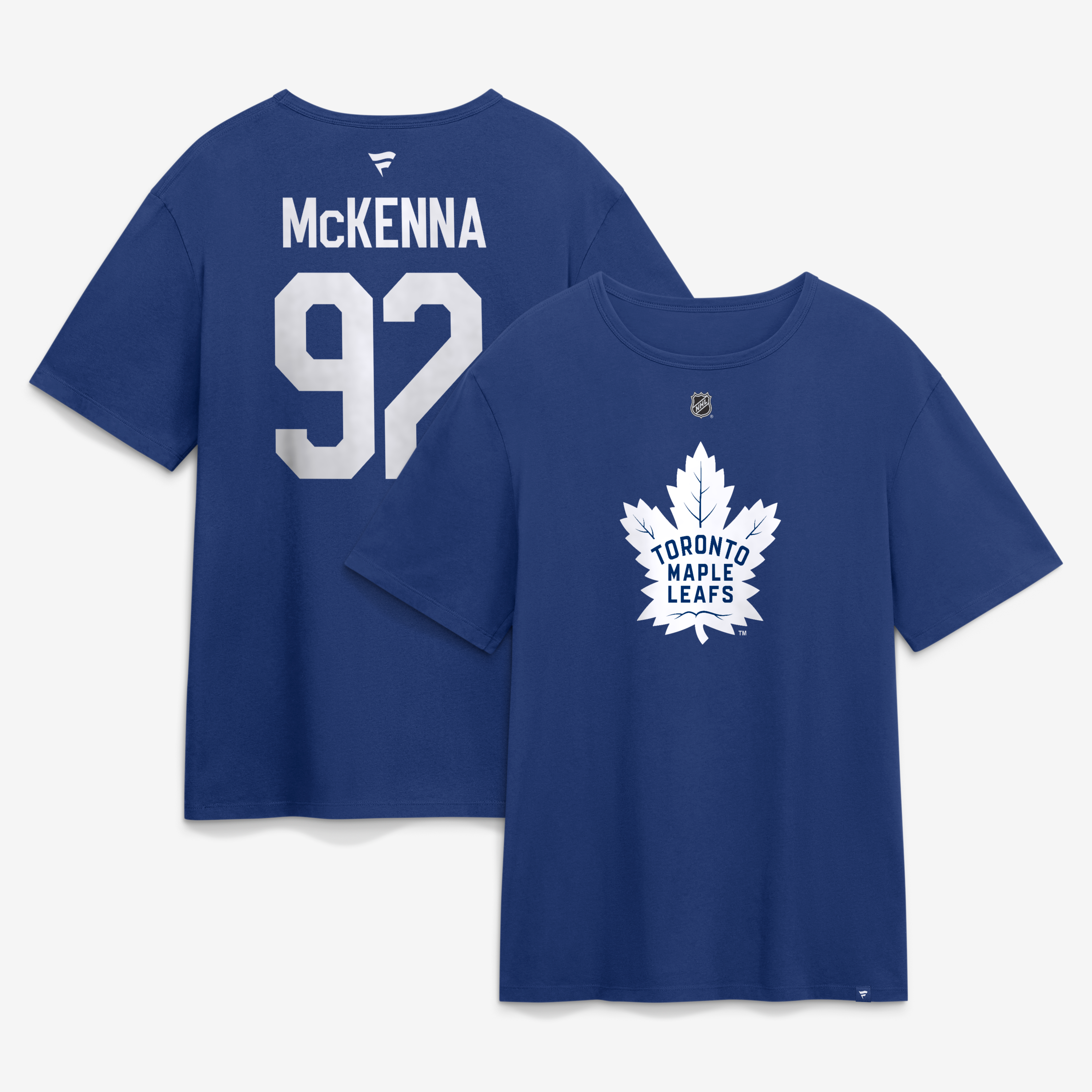 T-shirt authentique Fanatics Gavin McKenna bleu des Maple Leafs de Toronto avec nom et numéro superposés