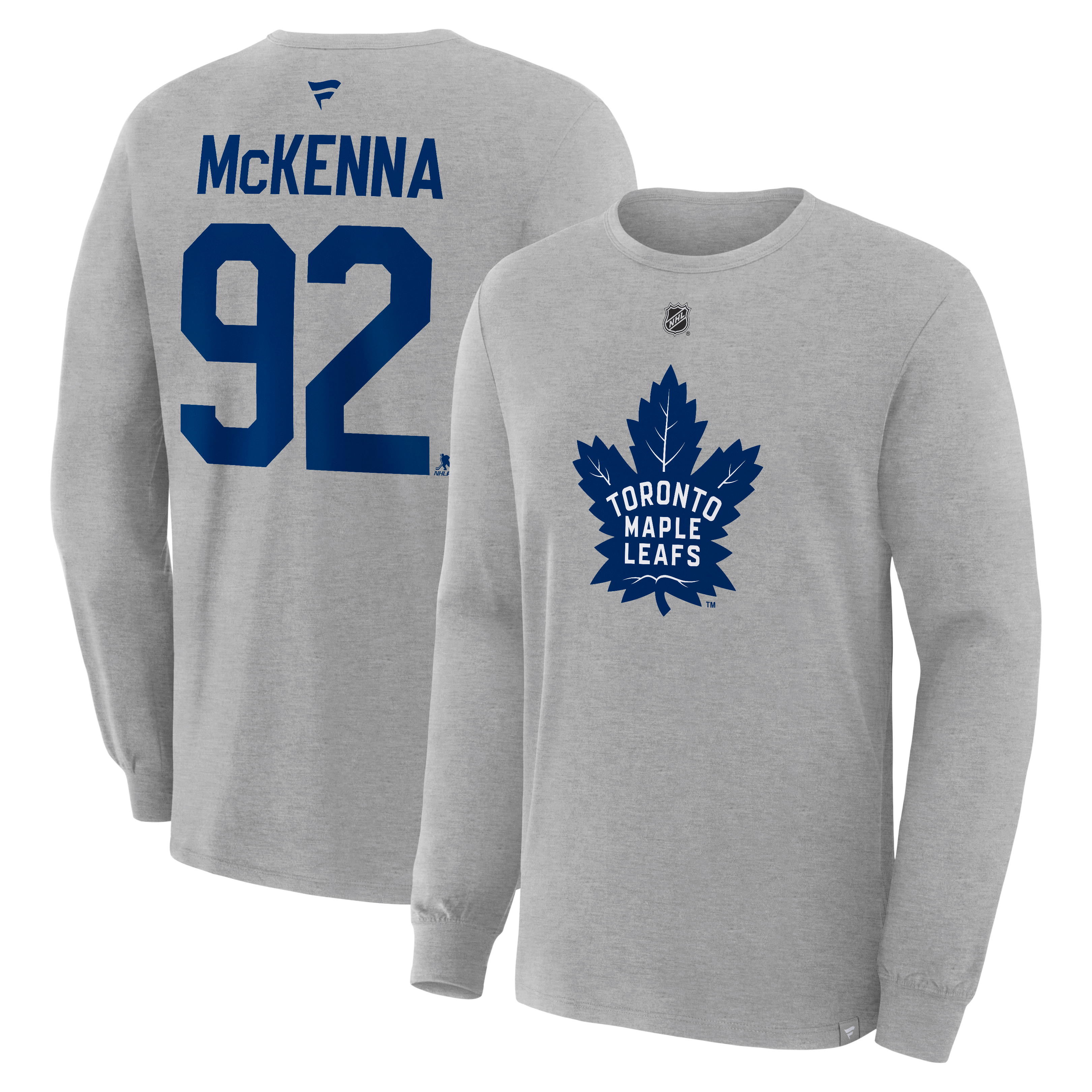 T-shirt à manches longues authentique Fanatics Gavin McKenna gris des Maple Leafs de Toronto, avec nom et numéro superposés