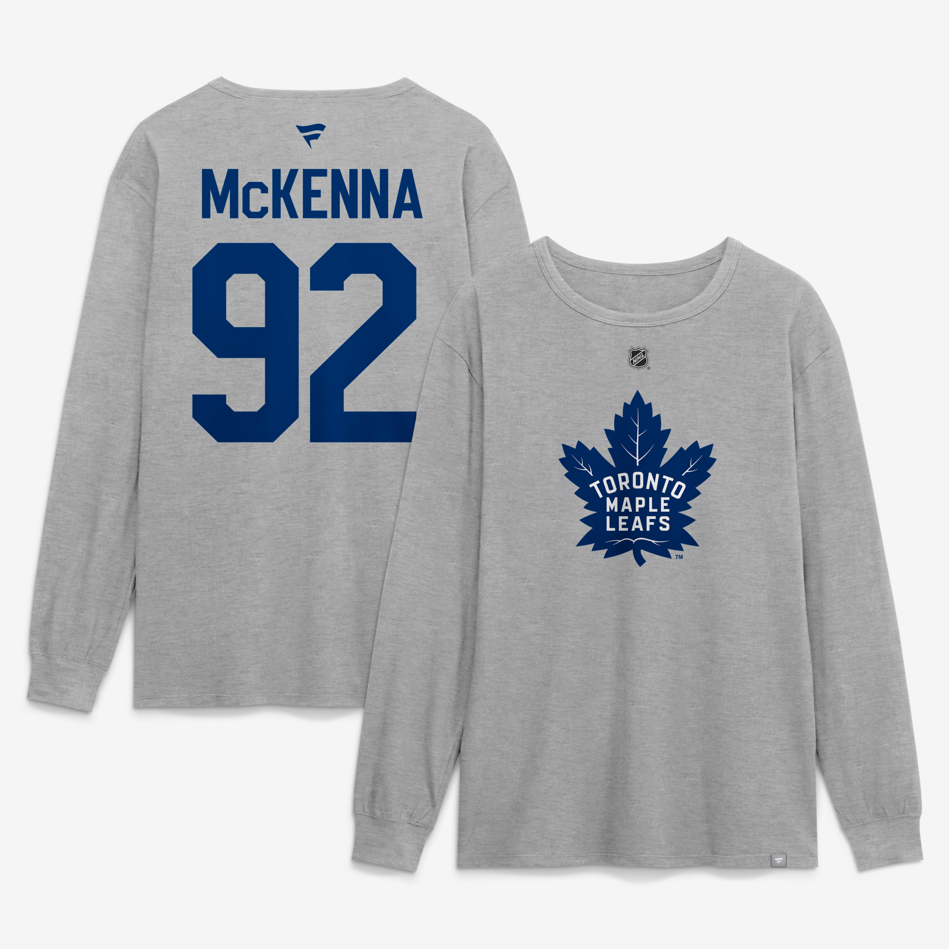 T-shirt à manches longues authentique Fanatics Gavin McKenna gris des Maple Leafs de Toronto, avec nom et numéro superposés