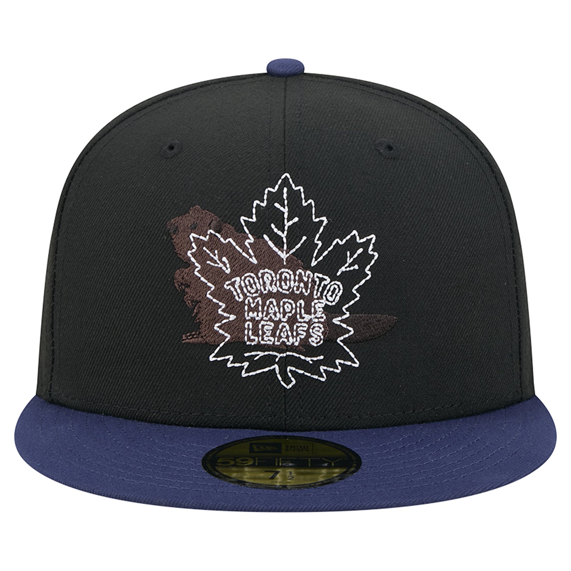 Casquette ajustée New Era 59FIFTY pour homme, noire et bleue, logo des Maple Leafs de Toronto, surpiqûres décoratives.