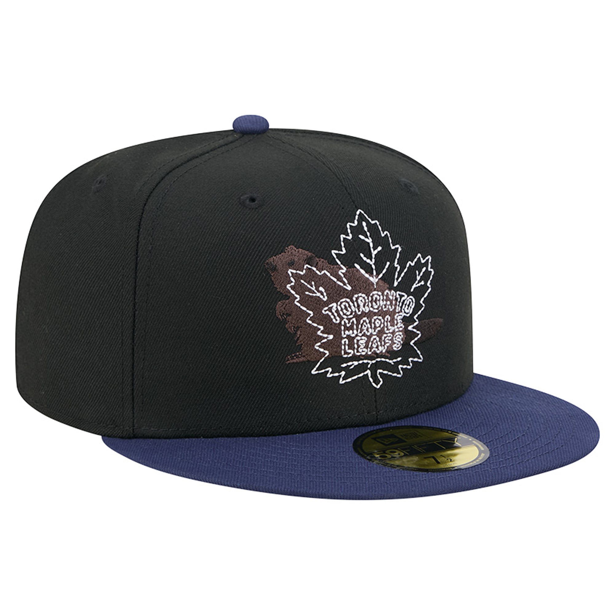 Casquette ajustée New Era 59FIFTY pour homme, noire et bleue, logo des Maple Leafs de Toronto, surpiqûres décoratives.
