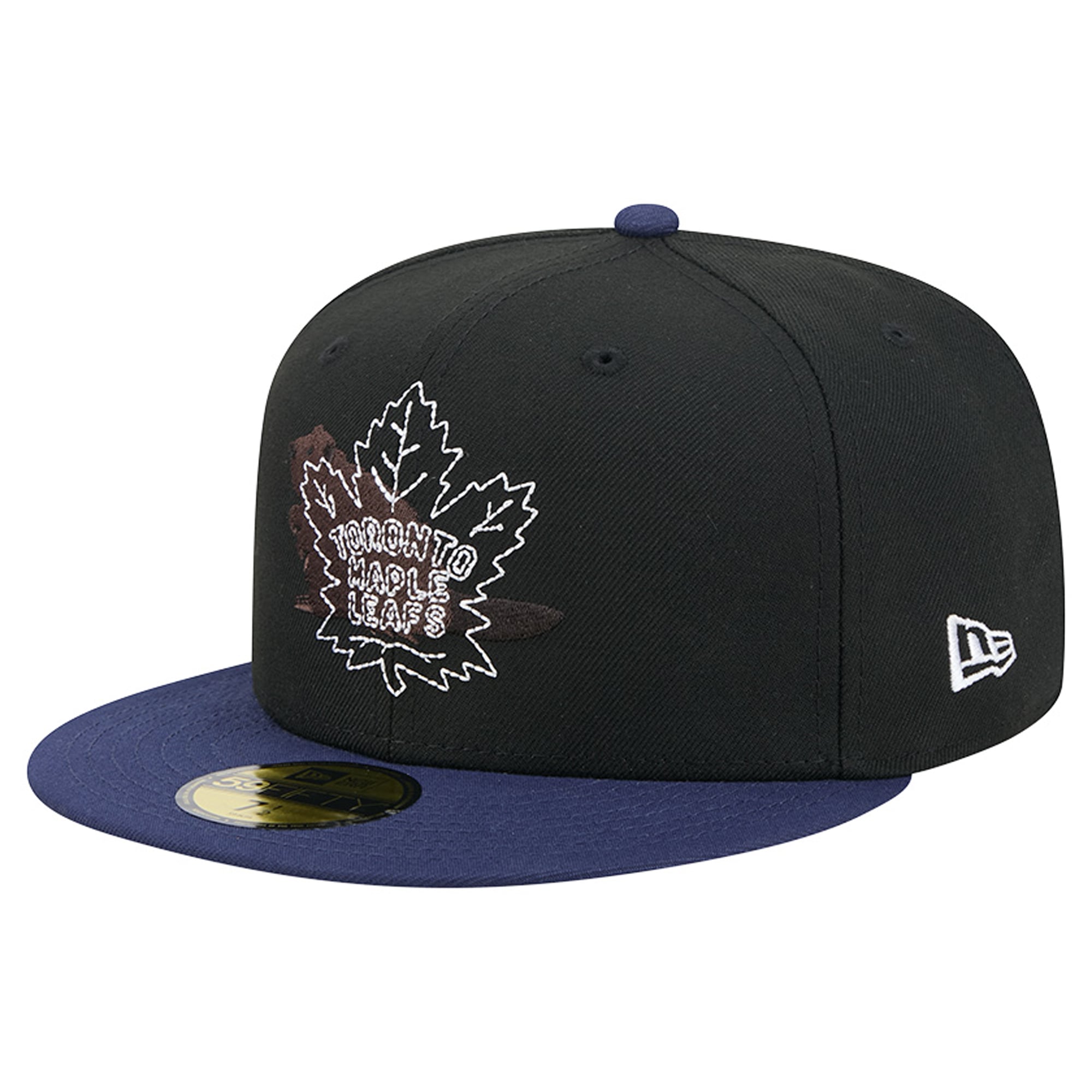 Casquette ajustée New Era 59FIFTY pour homme, noire et bleue, logo des Maple Leafs de Toronto, surpiqûres décoratives.
