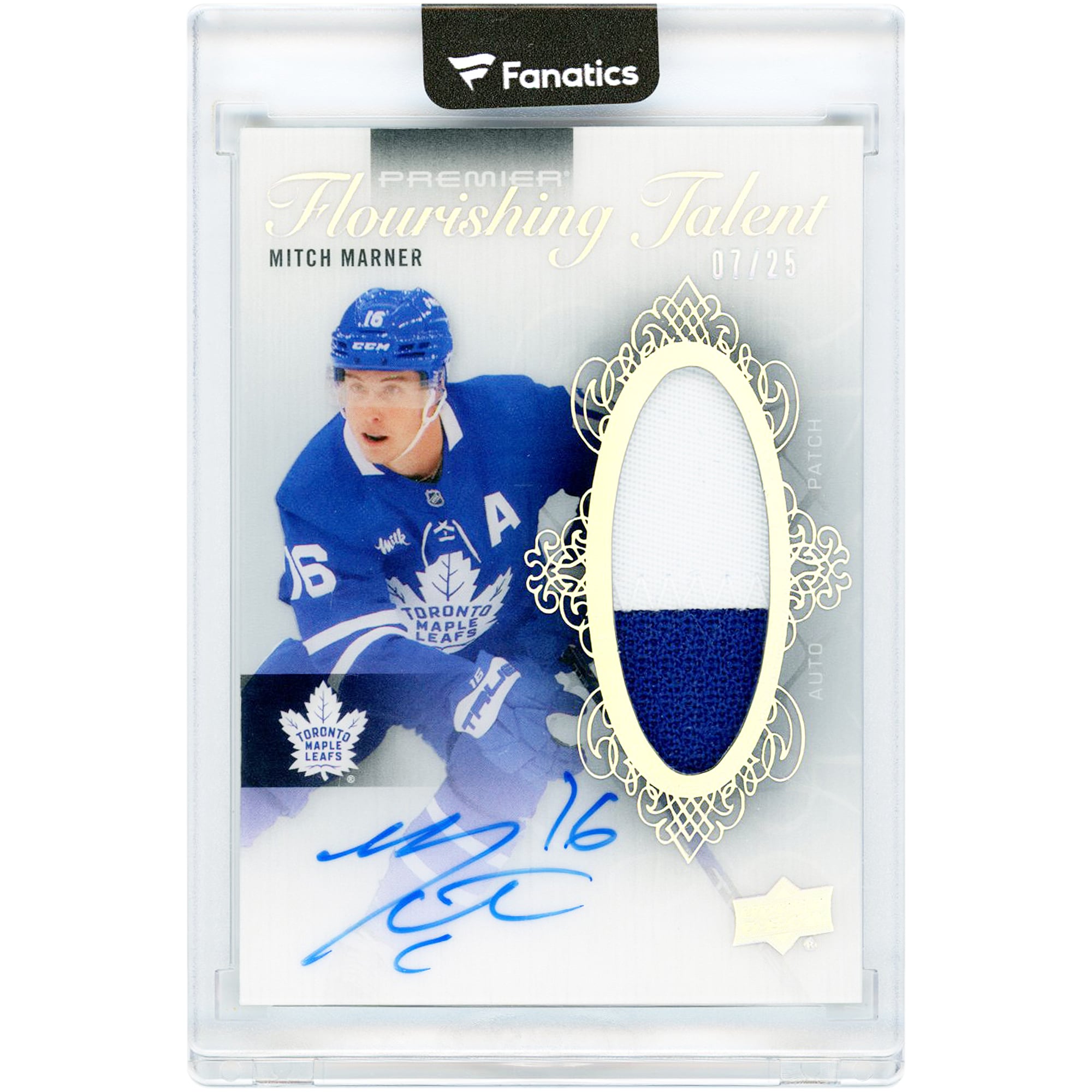 Carte autographiée de Mitch Marner (Toronto Maple Leafs) 2023-24 Upper Deck Premier Flourishing Talent, relique de maillot bicolore porté en match #FT-MM #7/25