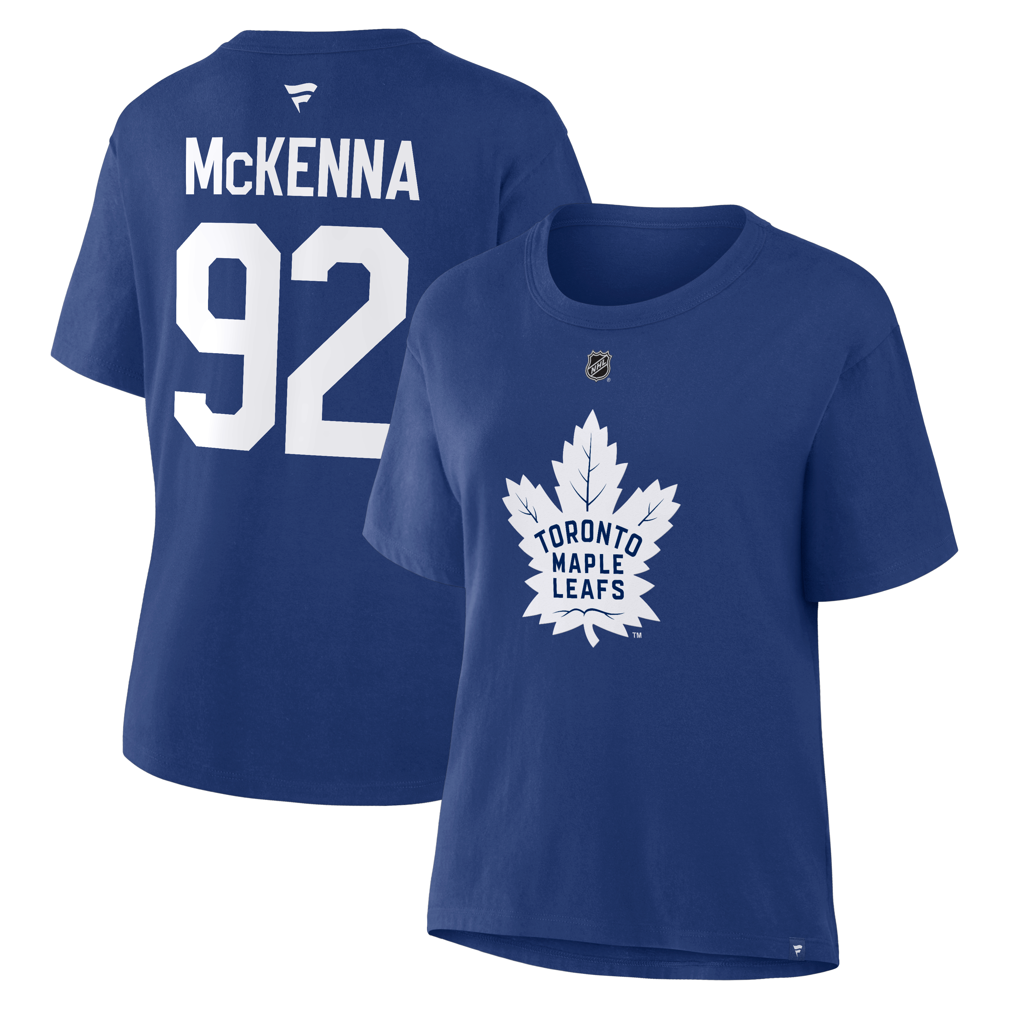 T-shirt authentique Fanatics Gavin McKenna bleu des Maple Leafs de Toronto pour femmes, avec nom et numéro superposés