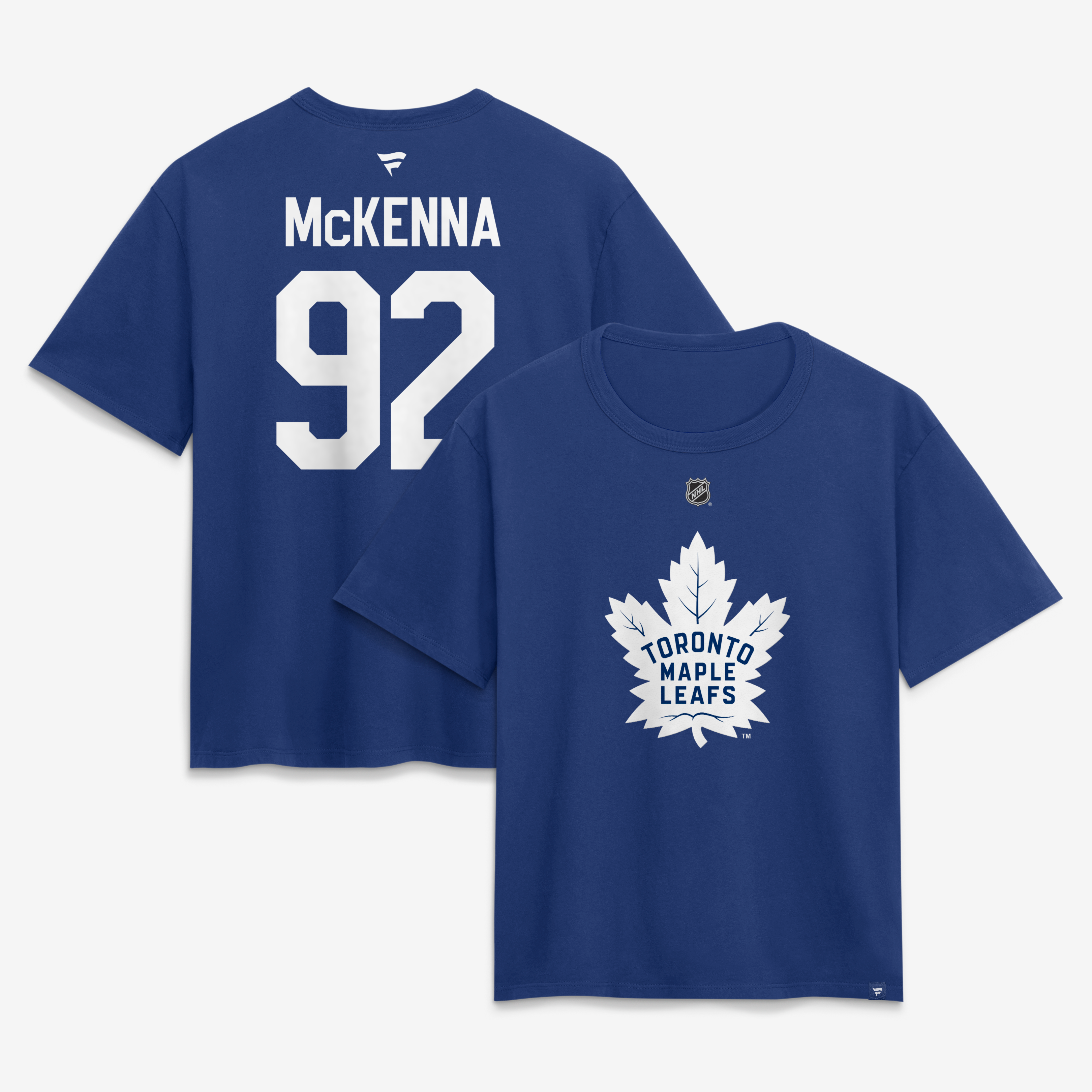 T-shirt authentique Fanatics Gavin McKenna bleu des Maple Leafs de Toronto pour femmes, avec nom et numéro superposés