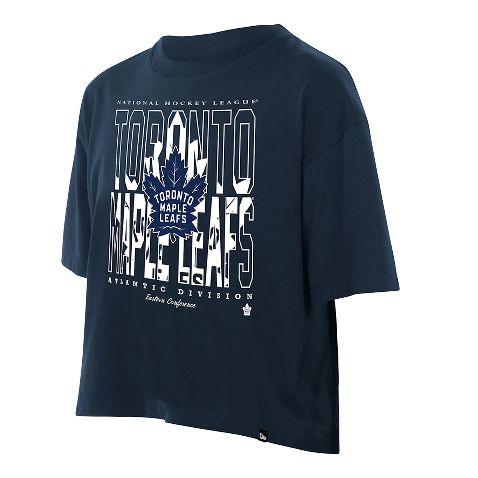T-shirt New Era bleu marine pour femme, logo partiel des Maple Leafs de Toronto, coupe carrée.