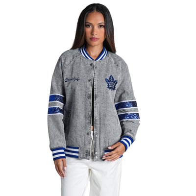  Toronto Maple Leafs The Wild Collective Women's Denim Sequin Bomber Jacket - Heather Gray
