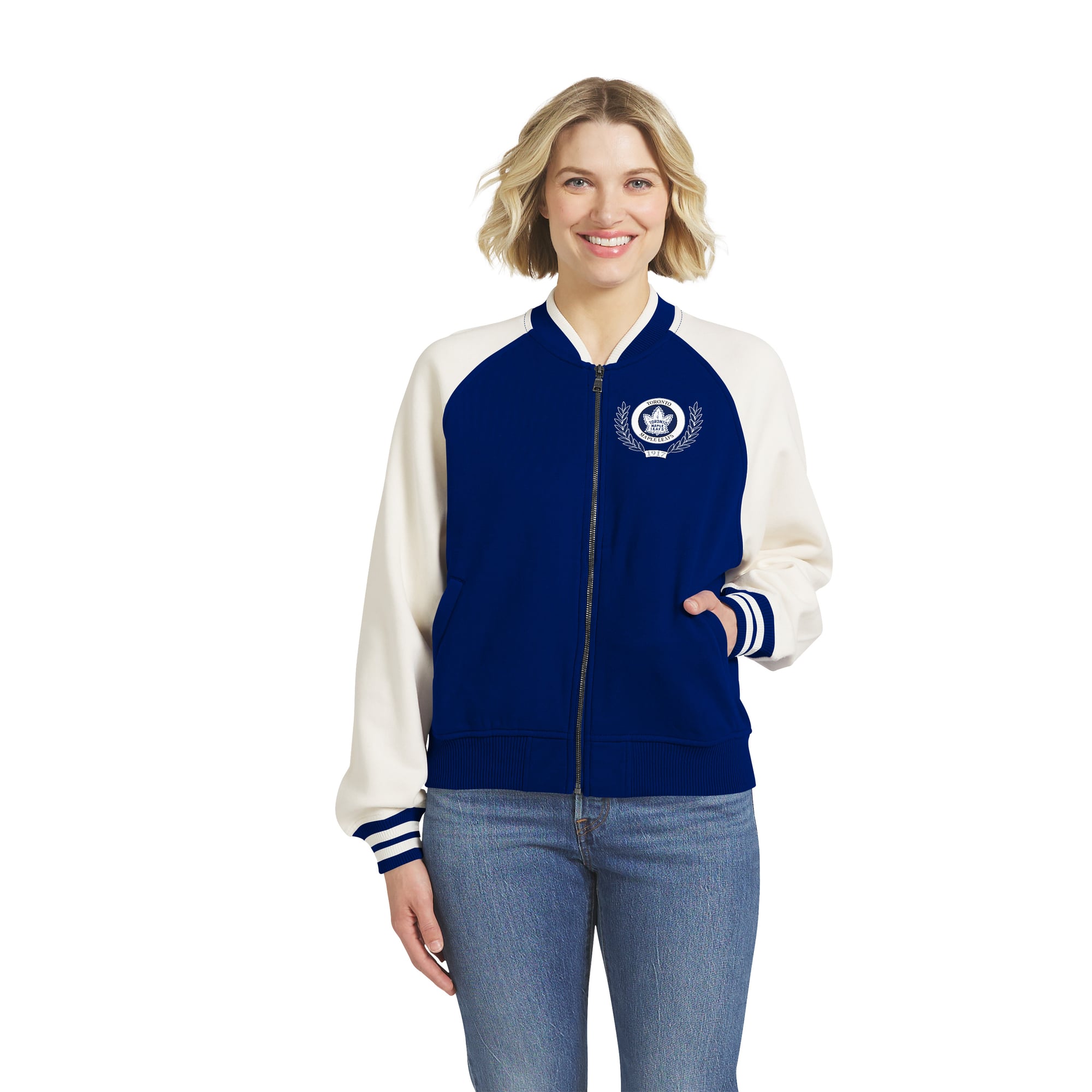 Women's WEAR by Erin Andrews Blue/White Toronto Maple Leafs Fleece Varsity Full-Zip Jacket
