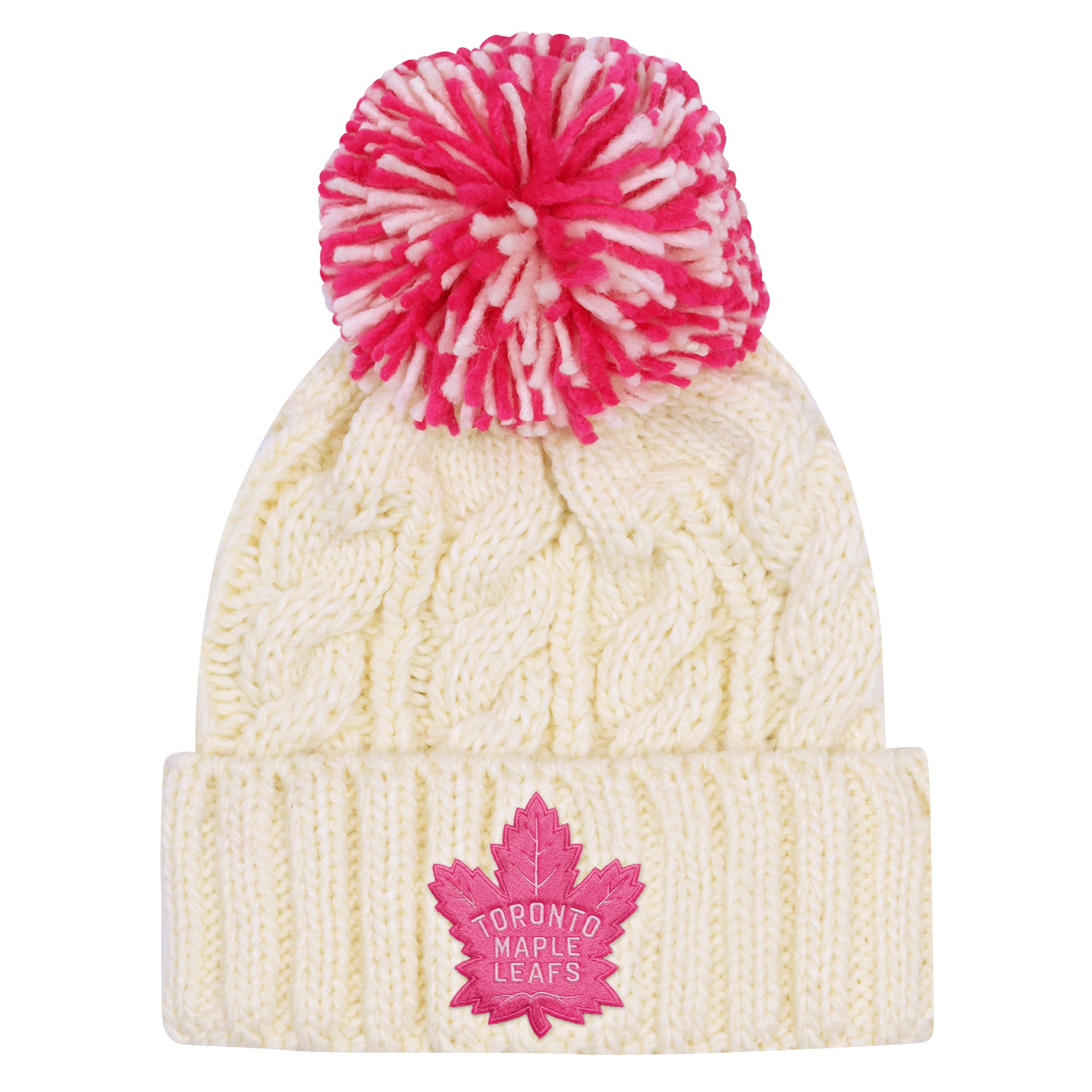 Bonnet tricoté à revers couleur crème des Maple Leafs de Toronto pour jeunes filles, avec pompon