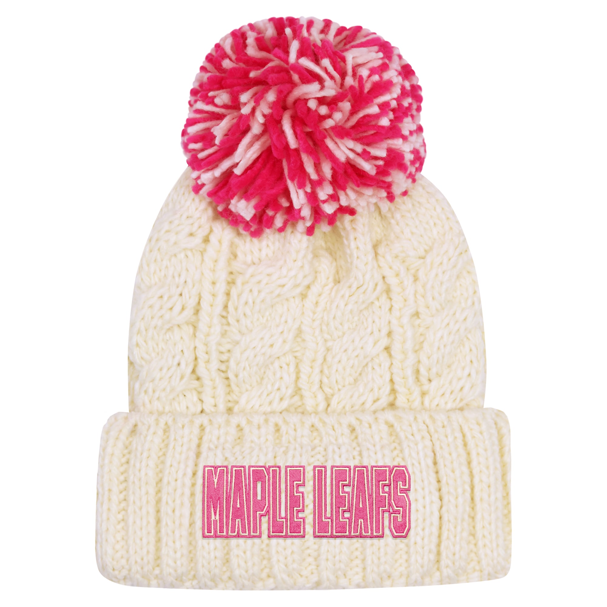 Bonnet tricoté à revers couleur crème des Maple Leafs de Toronto pour jeunes filles, avec pompon
