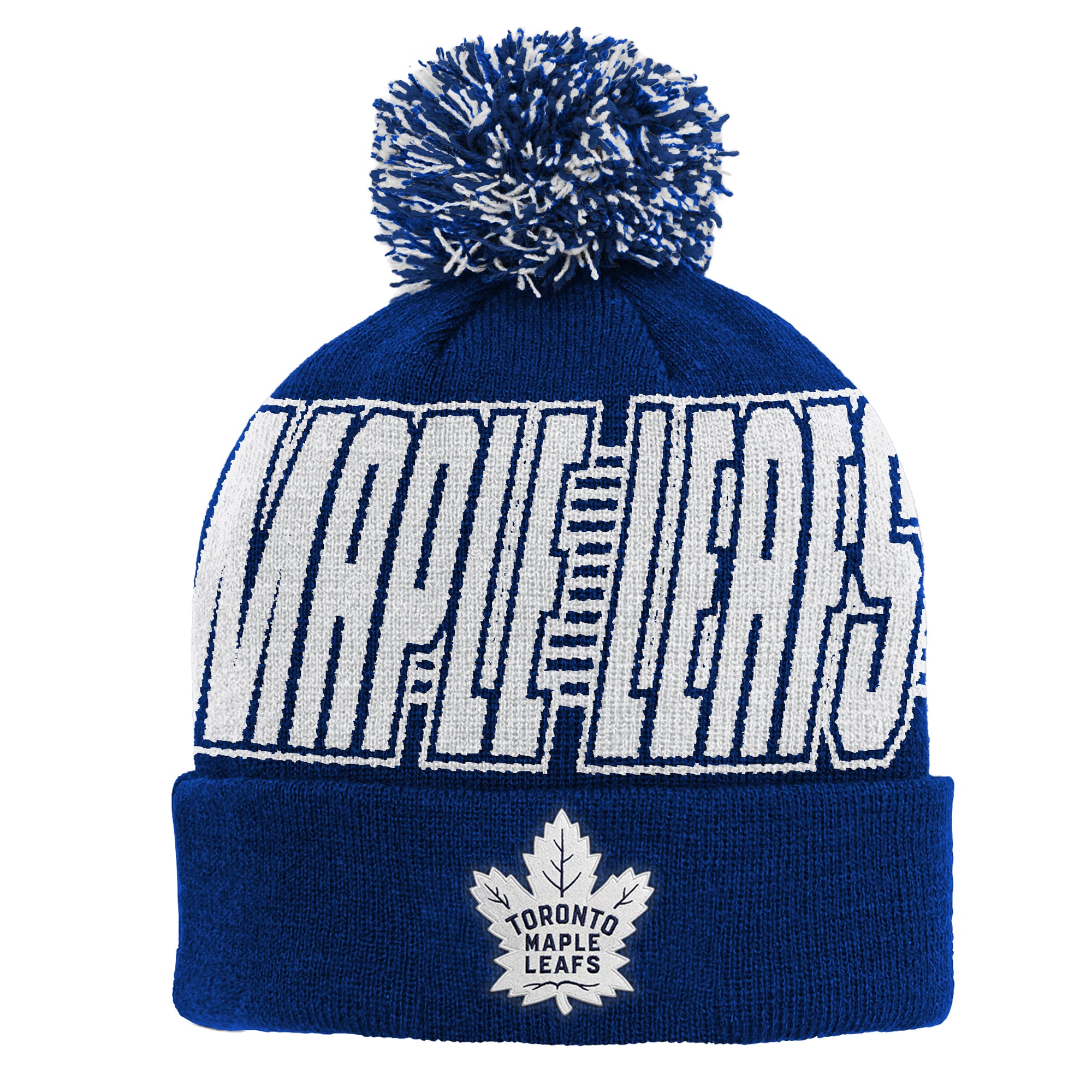 Bonnet tricoté à revers bleu Toronto Maple Leafs pour enfant, avec pompon