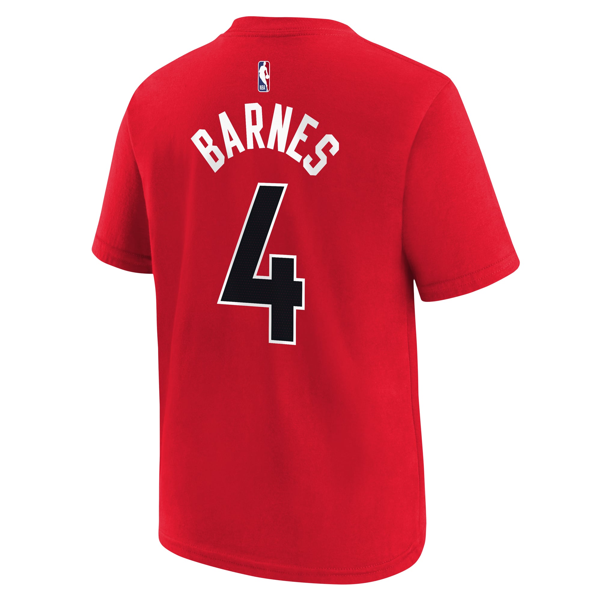 T-shirt rouge pour garçon Scottie Barnes des Raptors de Toronto, avec nom et numéro emblématiques