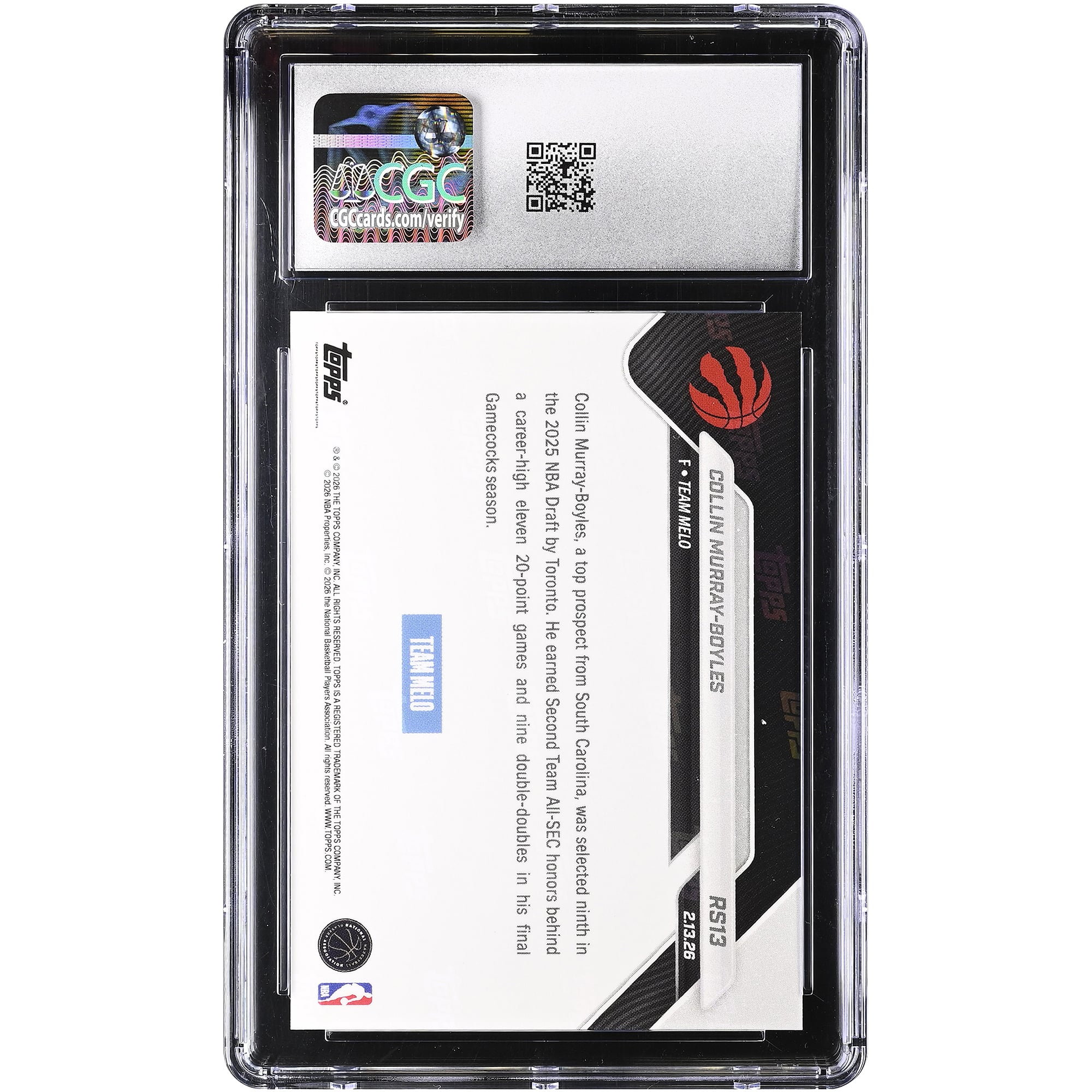 Collin Murray-Boyles Toronto Raptors 2025-26 Topps Now Rising Stars Foil #RS13 CGC Authenticated 10 Rookie Card