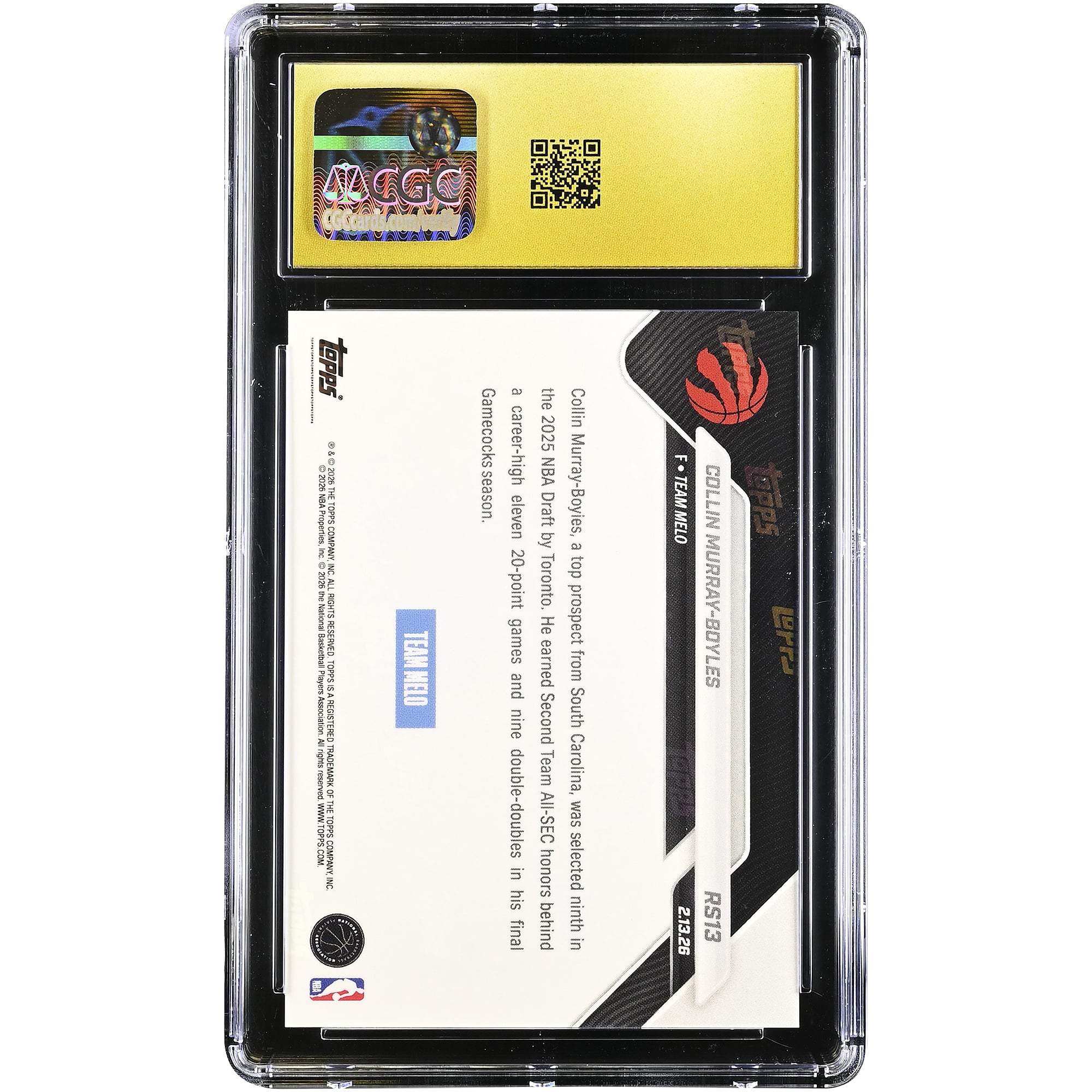 Collin Murray-Boyles Toronto Raptors 2025-26 Topps Now Rising Stars #RS13 CGC Authenticated PRISTINE 10 Rookie Card