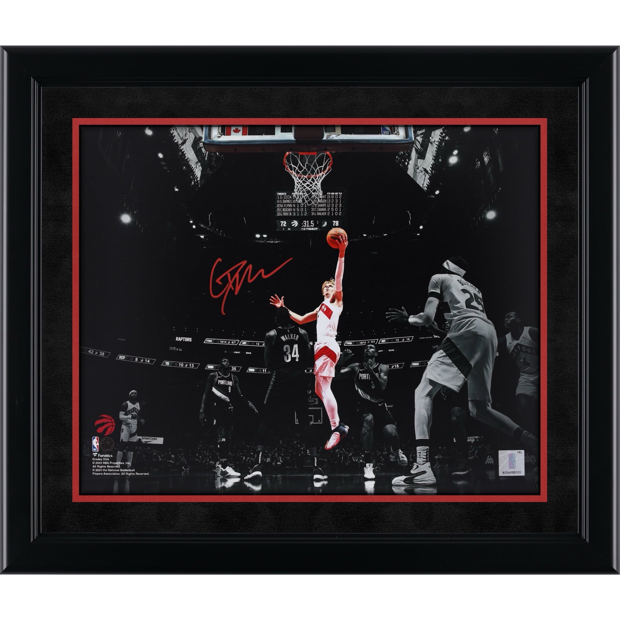 Photographie autographiée de 11"x 14" de Gradey Dick des Toronto Raptors