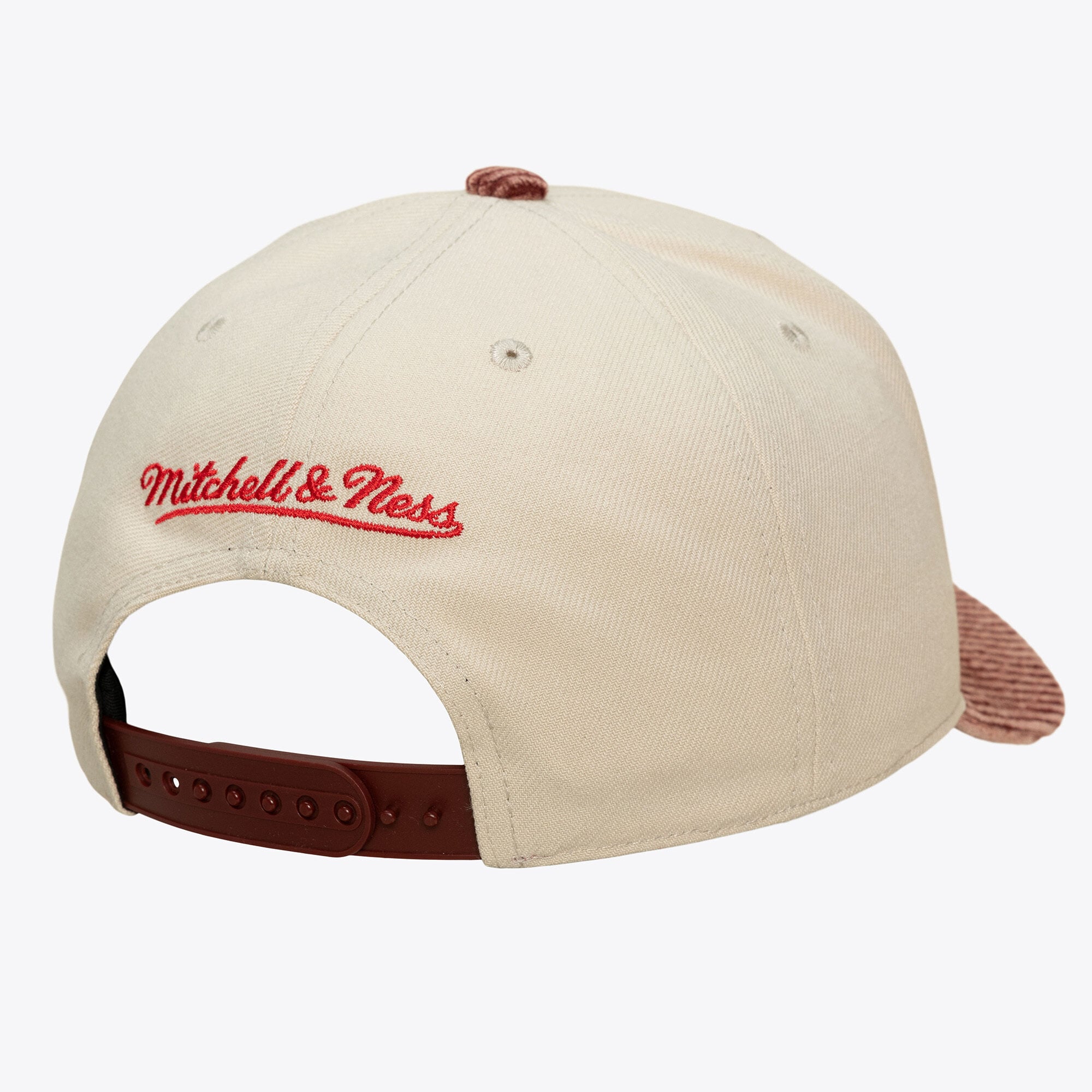 Casquette Mitchell & Ness Pro Crown Snapback crème/rouge pour homme, modèle Toronto Raptors, en velours côtelé lavé.