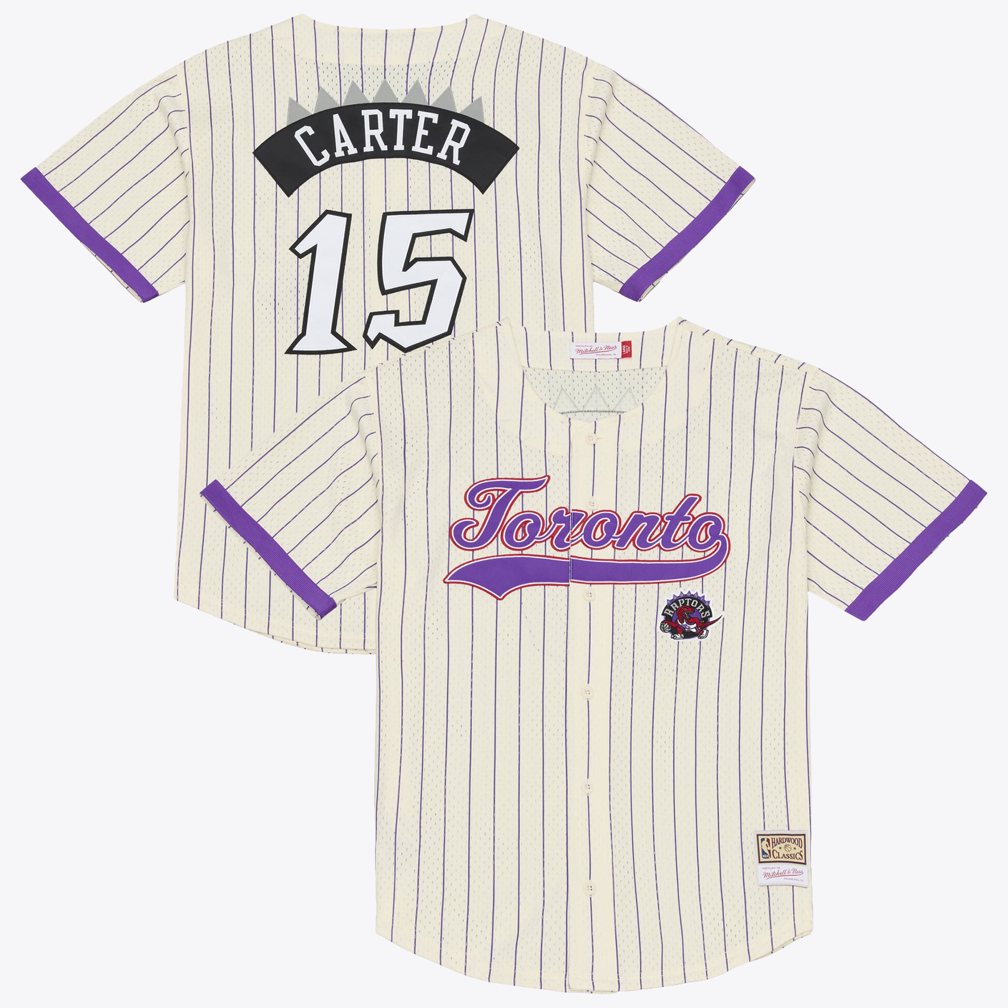 Maillot Mitchell & Ness Vince Carter crème pour homme, modèle Raptors de Toronto, avec boutons sur le devant et maille.
