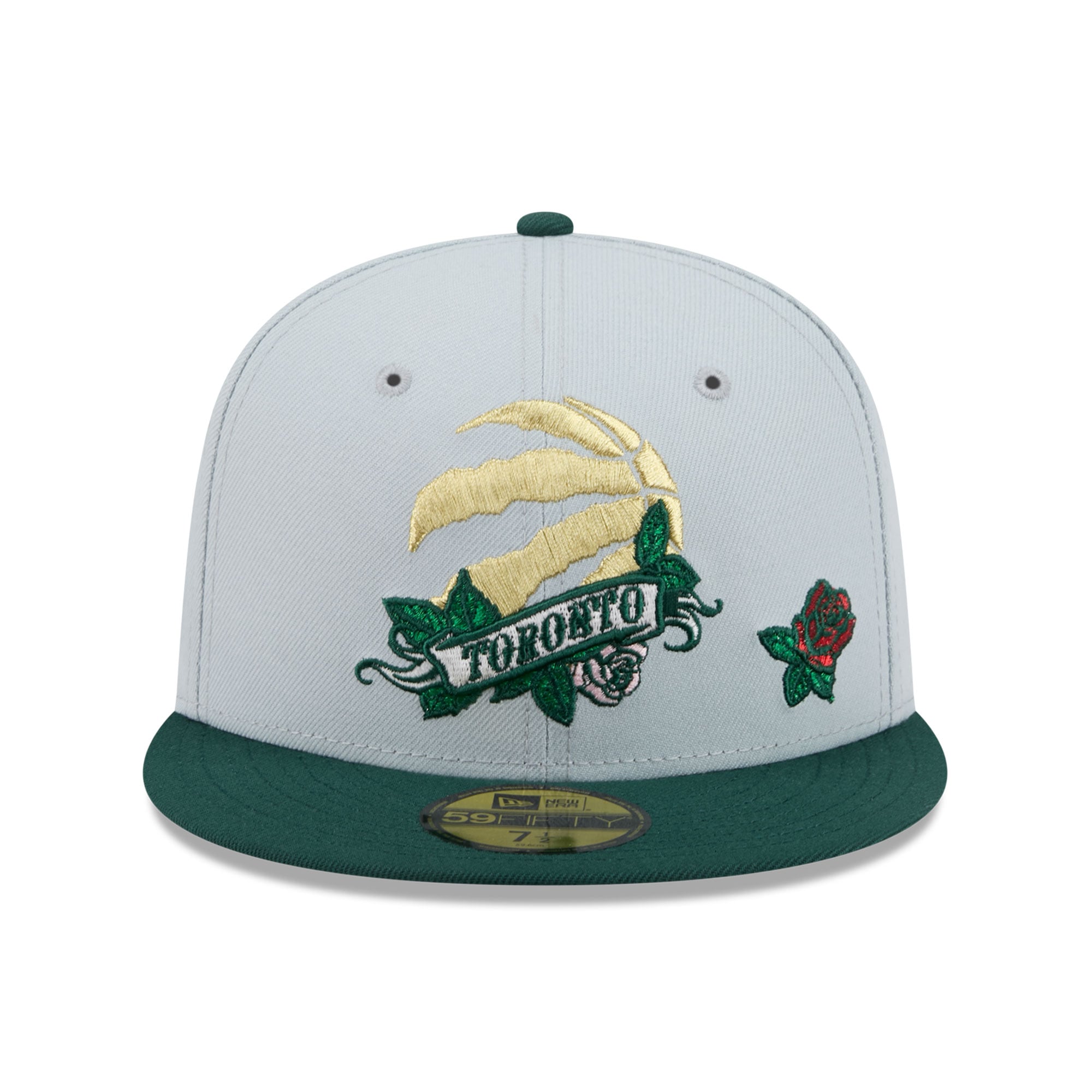 Casquette ajustée New Era 59FIFTY pour homme, grise et verte, ornée de la bannière rose des Raptors Toronto.