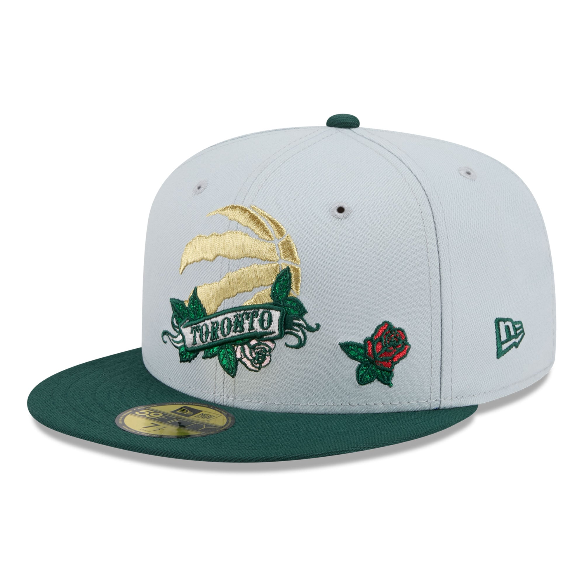 Casquette ajustée New Era 59FIFTY pour homme, grise et verte, ornée de la bannière rose des Raptors Toronto.