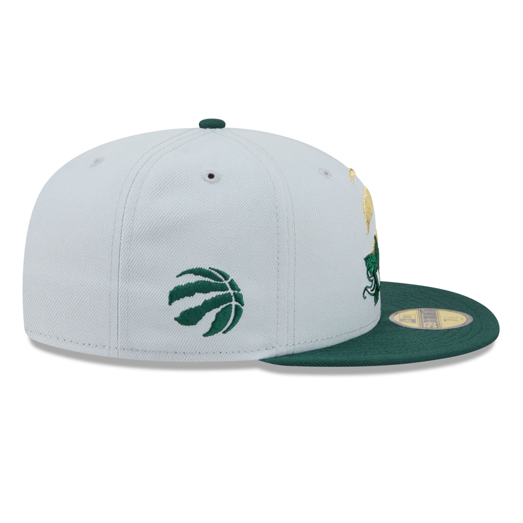 Casquette ajustée New Era 59FIFTY pour homme, grise et verte, ornée de la bannière rose des Raptors Toronto.