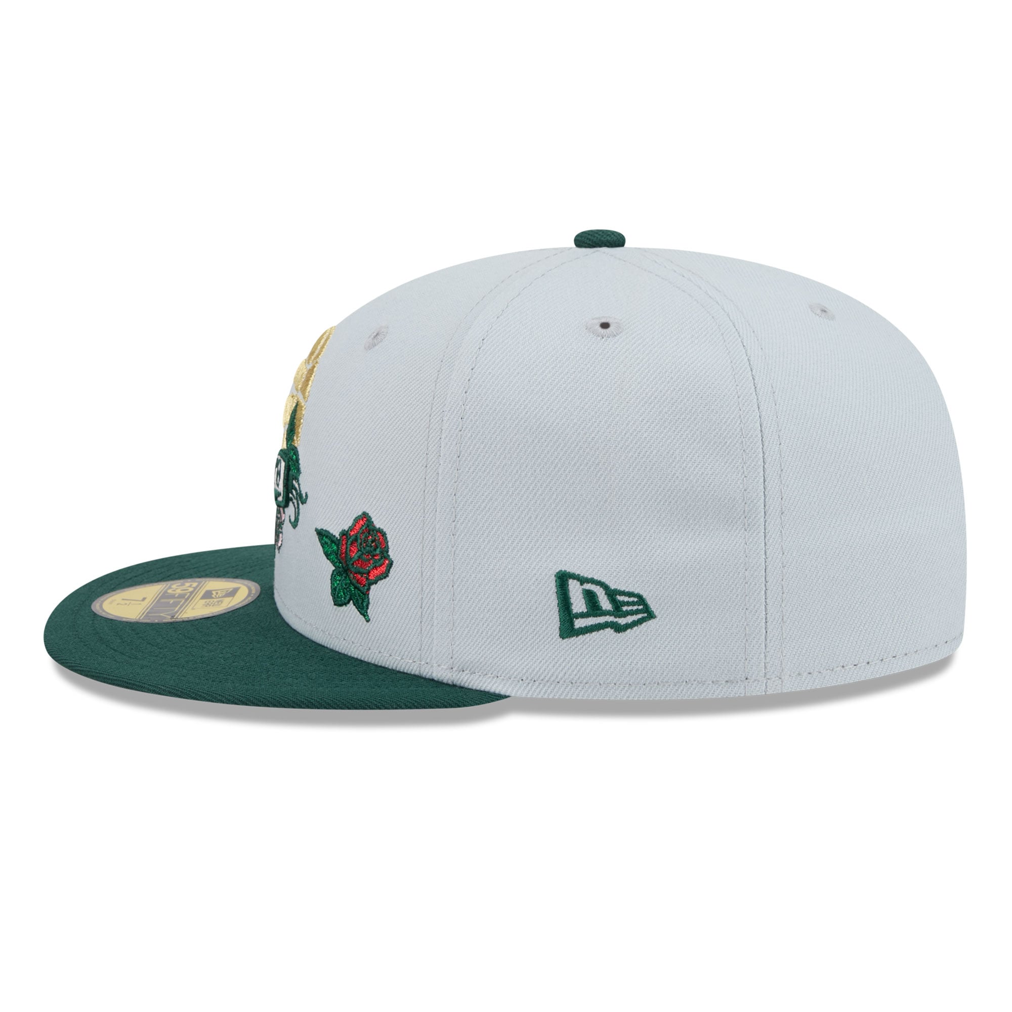 Casquette ajustée New Era 59FIFTY pour homme, grise et verte, ornée de la bannière rose des Raptors Toronto.