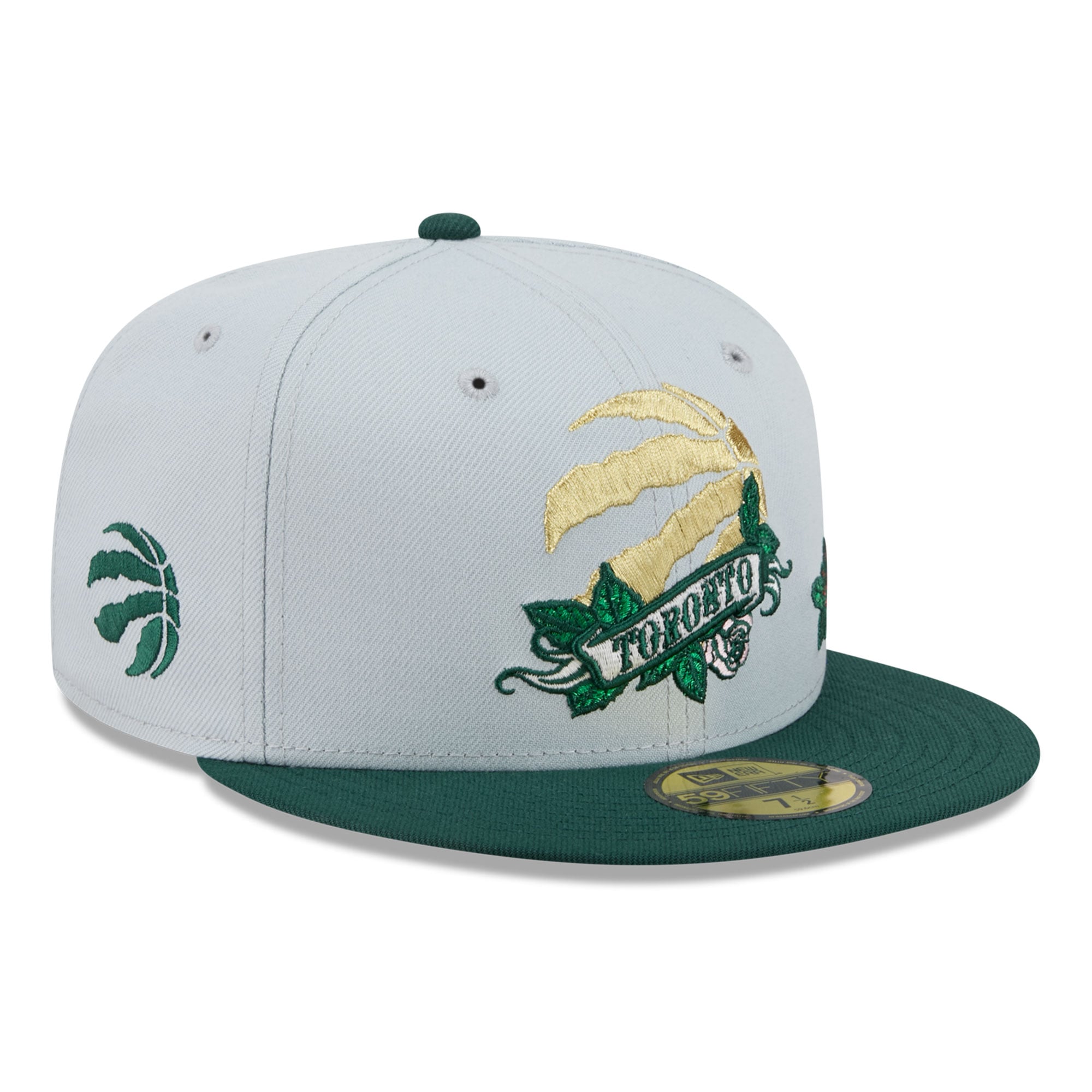 Casquette ajustée New Era 59FIFTY pour homme, grise et verte, ornée de la bannière rose des Raptors Toronto.
