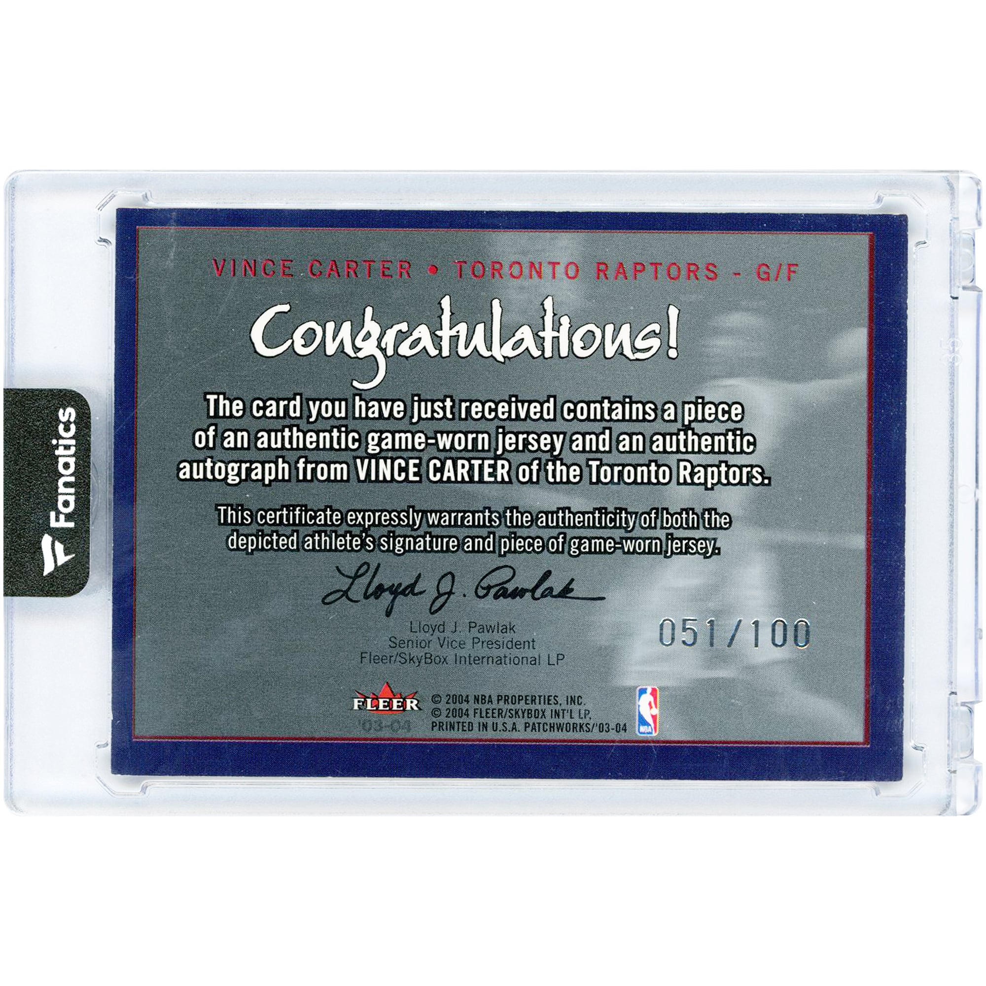 Carte de maillot autographiée de Vince Carter (Ractors de Toronto), collection Fleer Patchworks 2003-04, portée en match, numéro NNO, numéro 51/100