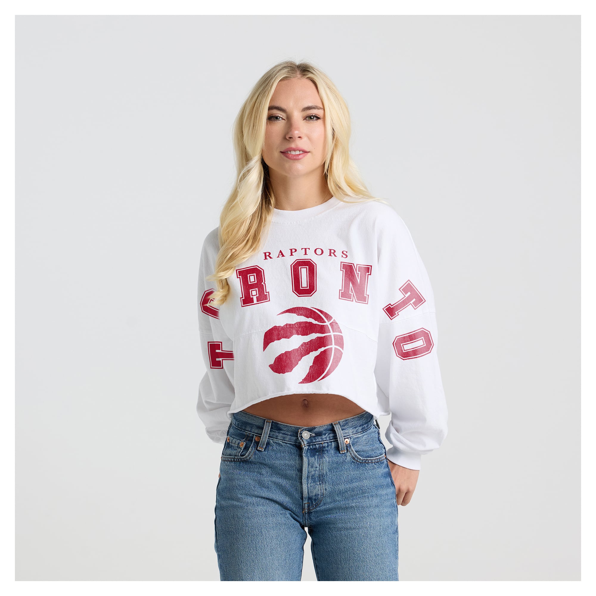 Women's Fanatics White Toronto Raptors Spirit Jersey Cropped Crew Neck Sweatshirt