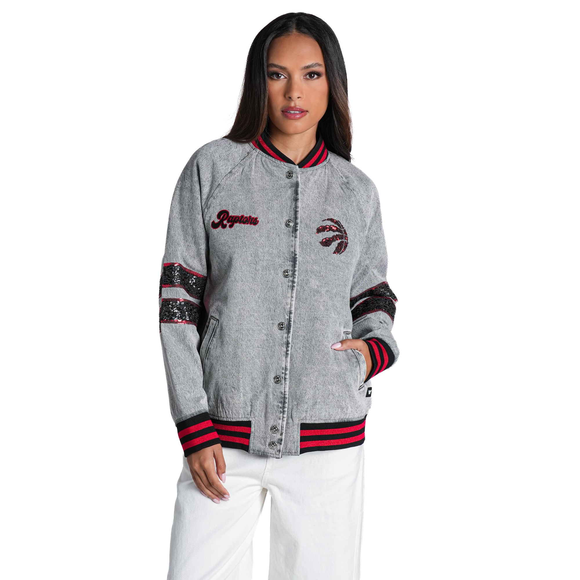 Veste bomber en denim à sequins gris chiné pour femme The Wild Collective Toronto Raptors