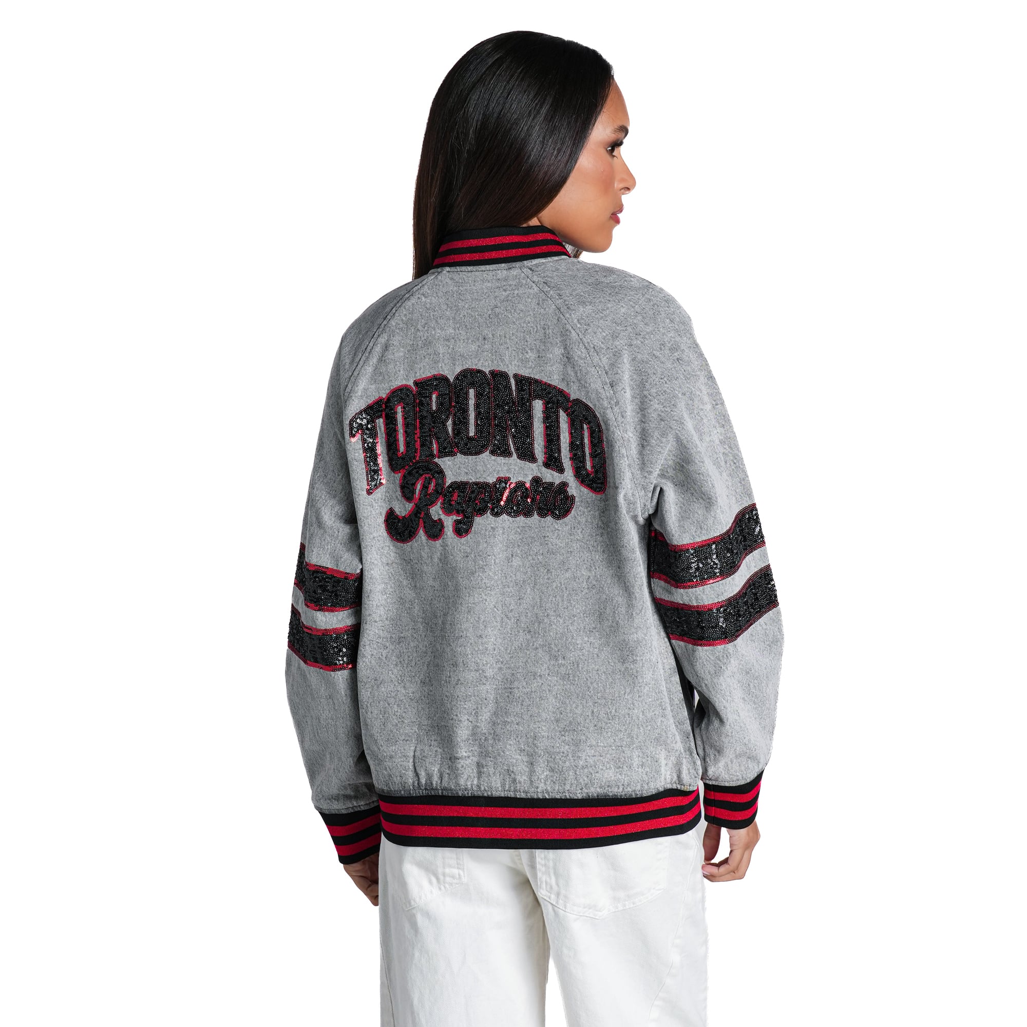 Veste bomber en denim à sequins gris chiné pour femme The Wild Collective Toronto Raptors