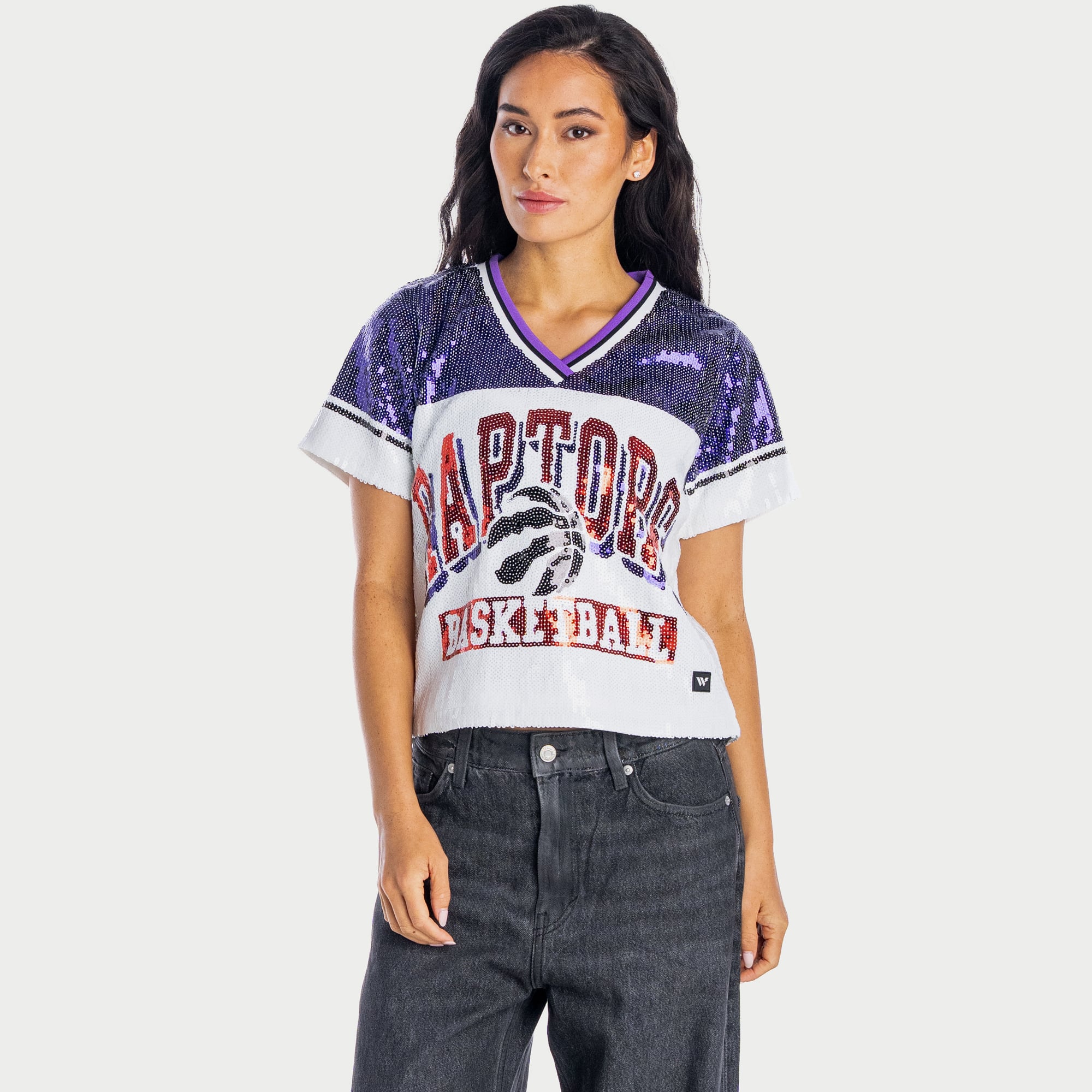Haut court à sequins violet col en V pour femme The Wild Collective Toronto Raptors