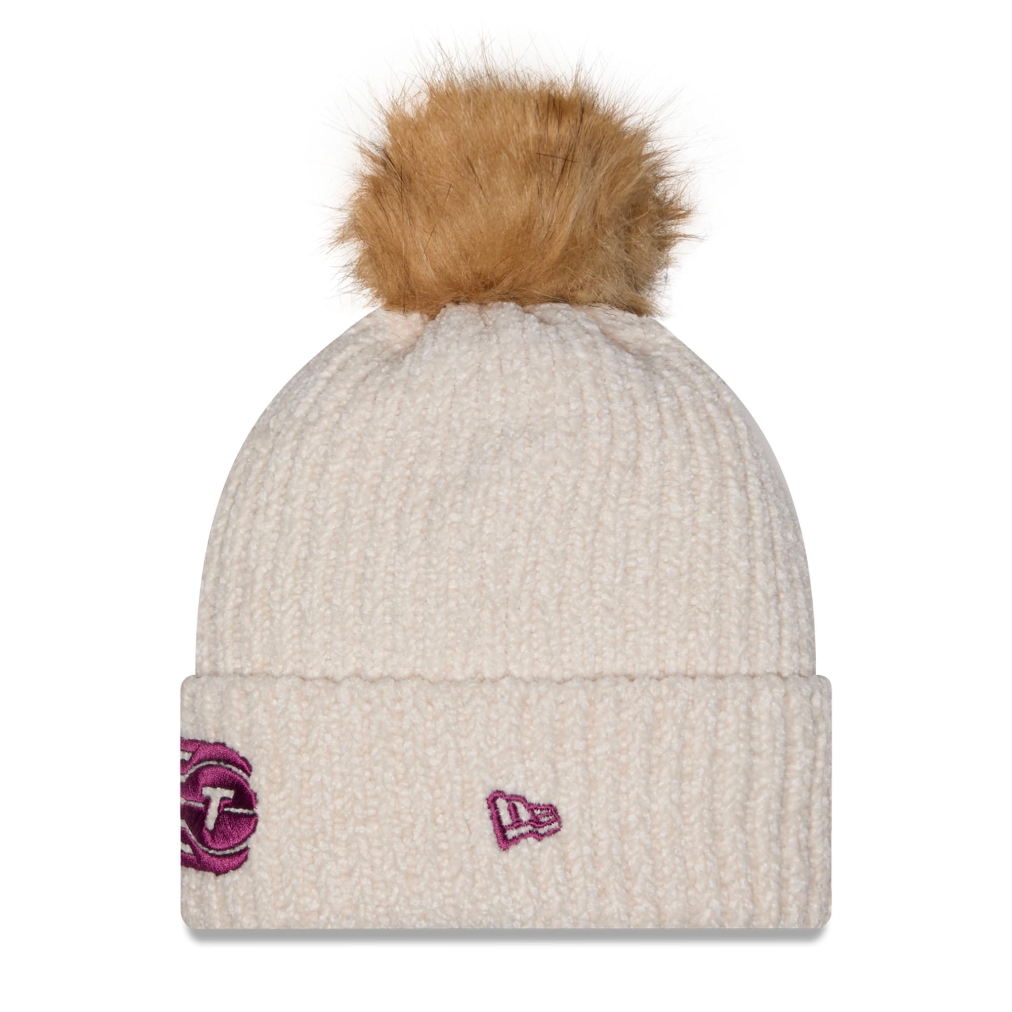Women's New Era Beige Toronto Tempo Faux Fur Pom Cuffed Knit Hat with Pom