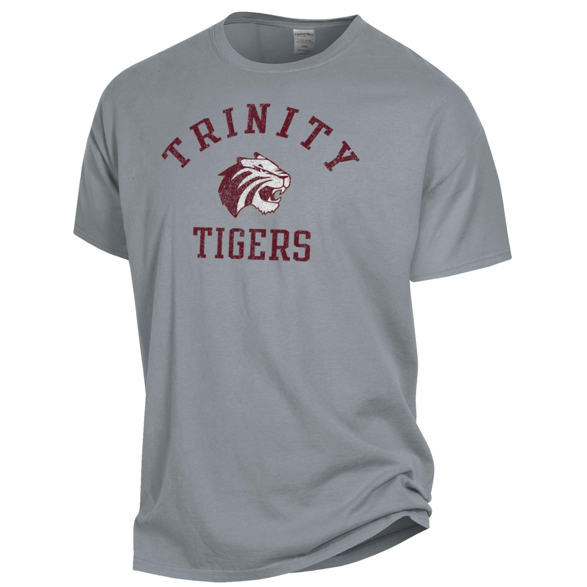 T-shirt gris ComfortWash pour homme avec logo Trinity Tigers Arch, teint en pièce