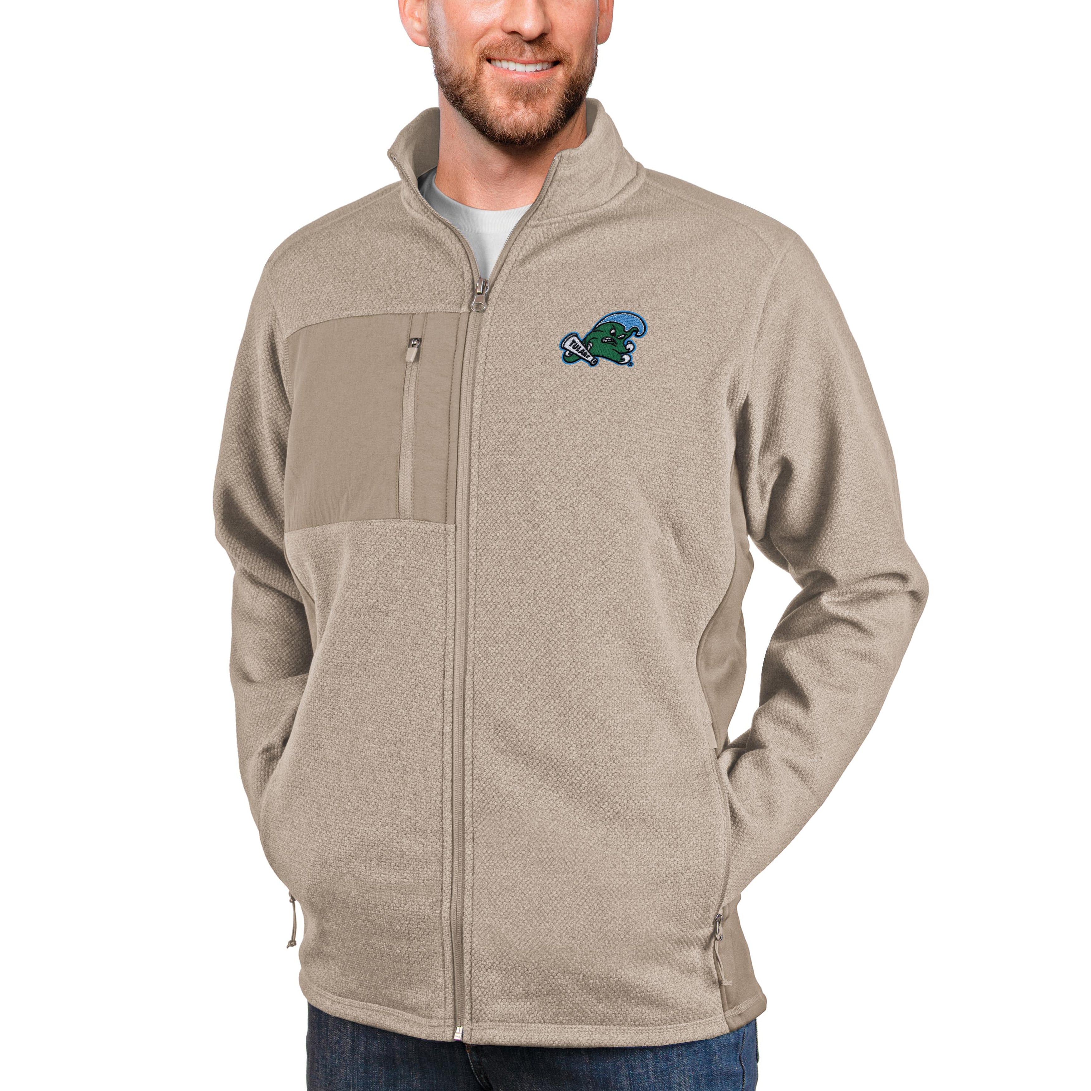 Men's Antigua Oatmeal Tulane Green Wave Course Full-Zip Jacket