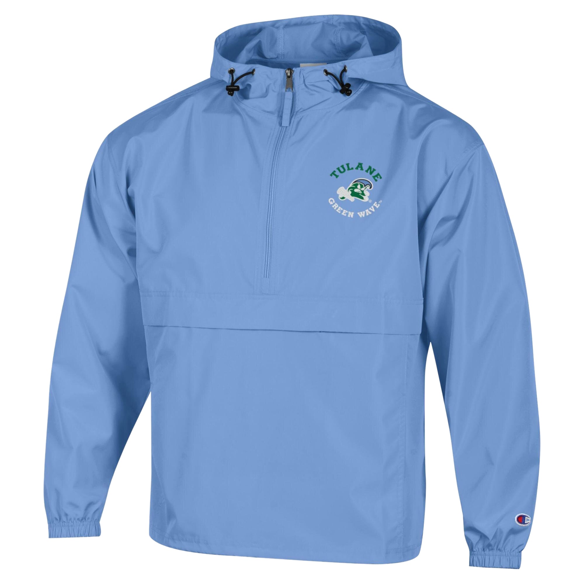 Veste à capuche zippée demi-zip compressible Champion pour homme, bleu clair, motif vague verte Tulane brodé