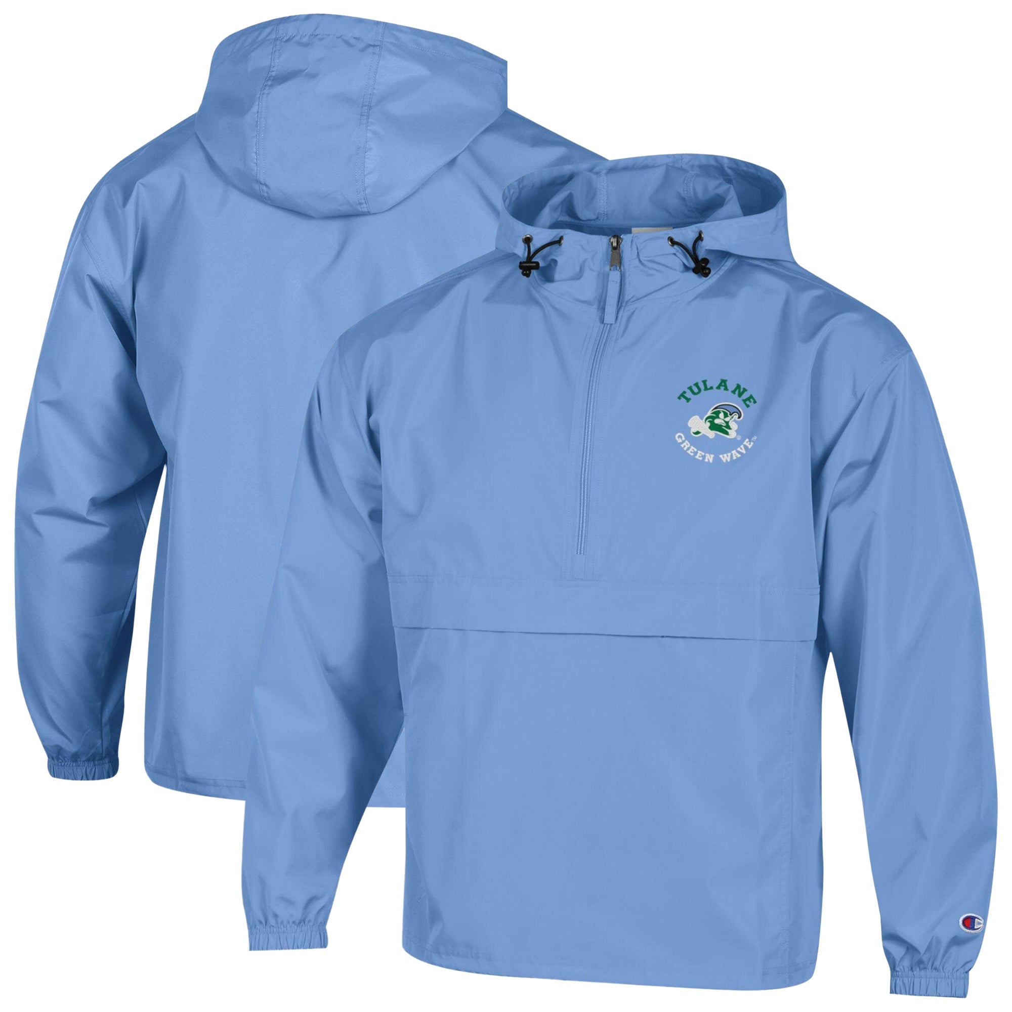 Veste à capuche zippée demi-zip compressible Champion pour homme, bleu clair, motif vague verte Tulane brodé